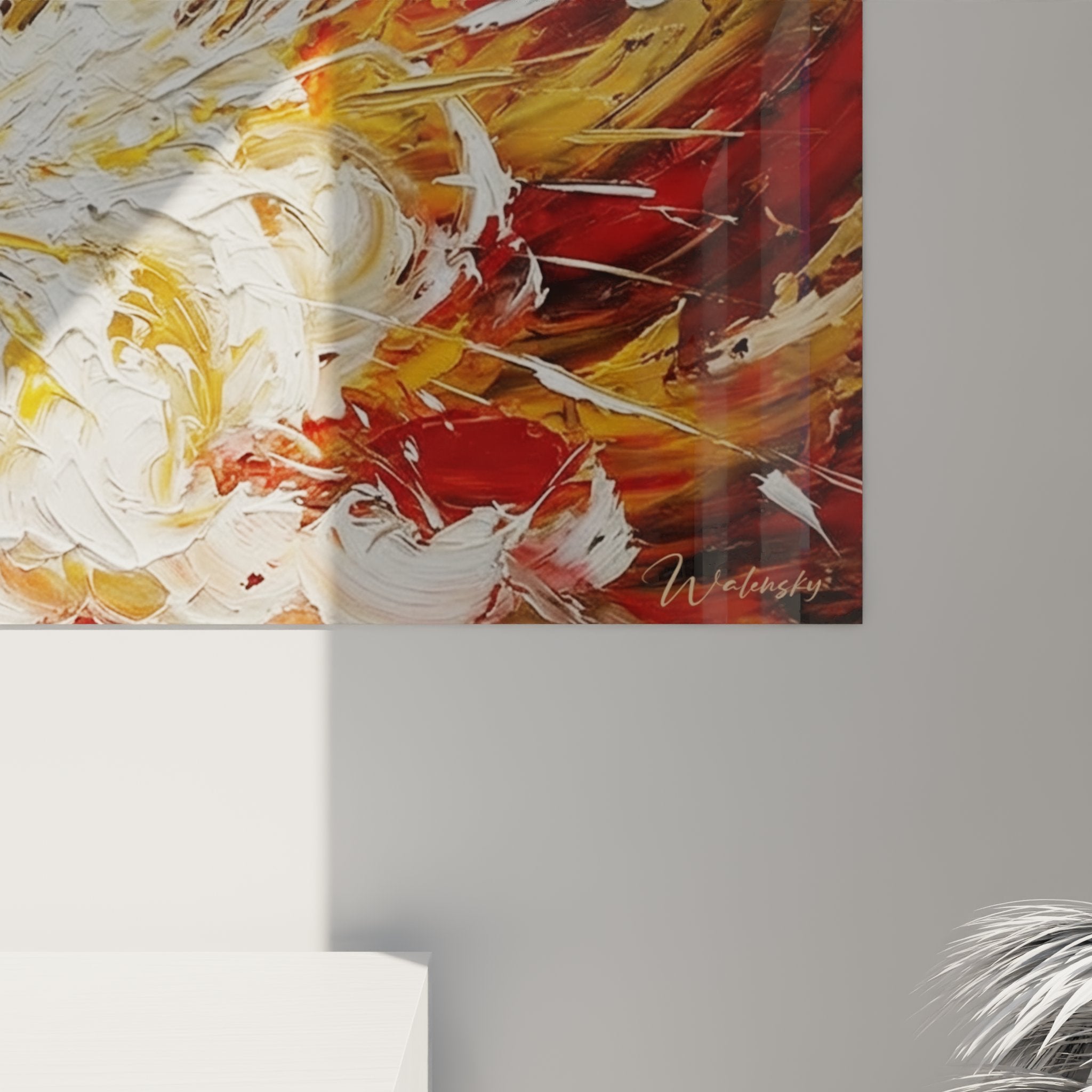 Vista d'insieme quadro cannone circo esplosione colori fiammeggianti rosso arancione bianco decorazione