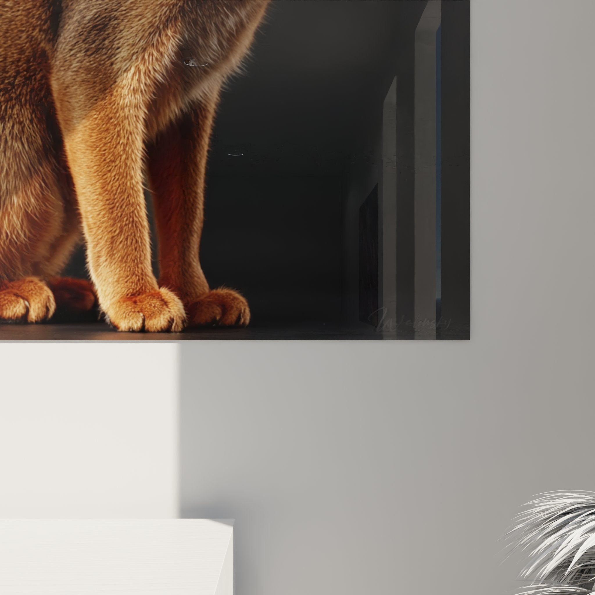 Vue d'ensemble tableau mural chat Abyssin dans salon moderne, art décoratif félin pour amoureux des chats