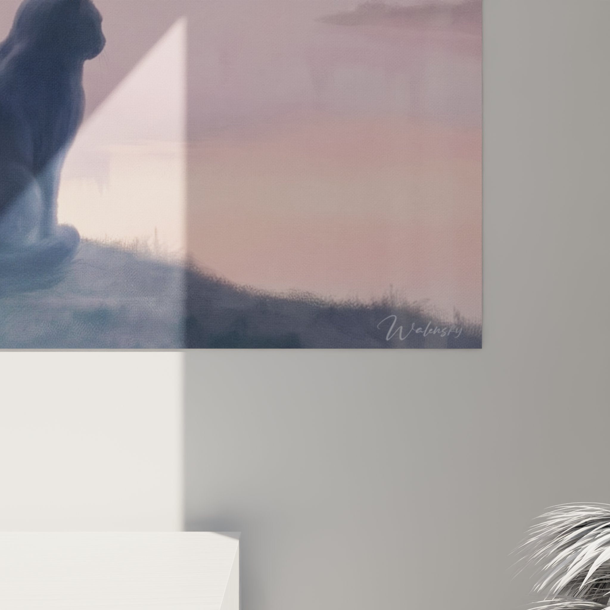 Vue ensemble tableau mural chat Chartreux contemplation paysage embrume chateau medieval tons romantiques