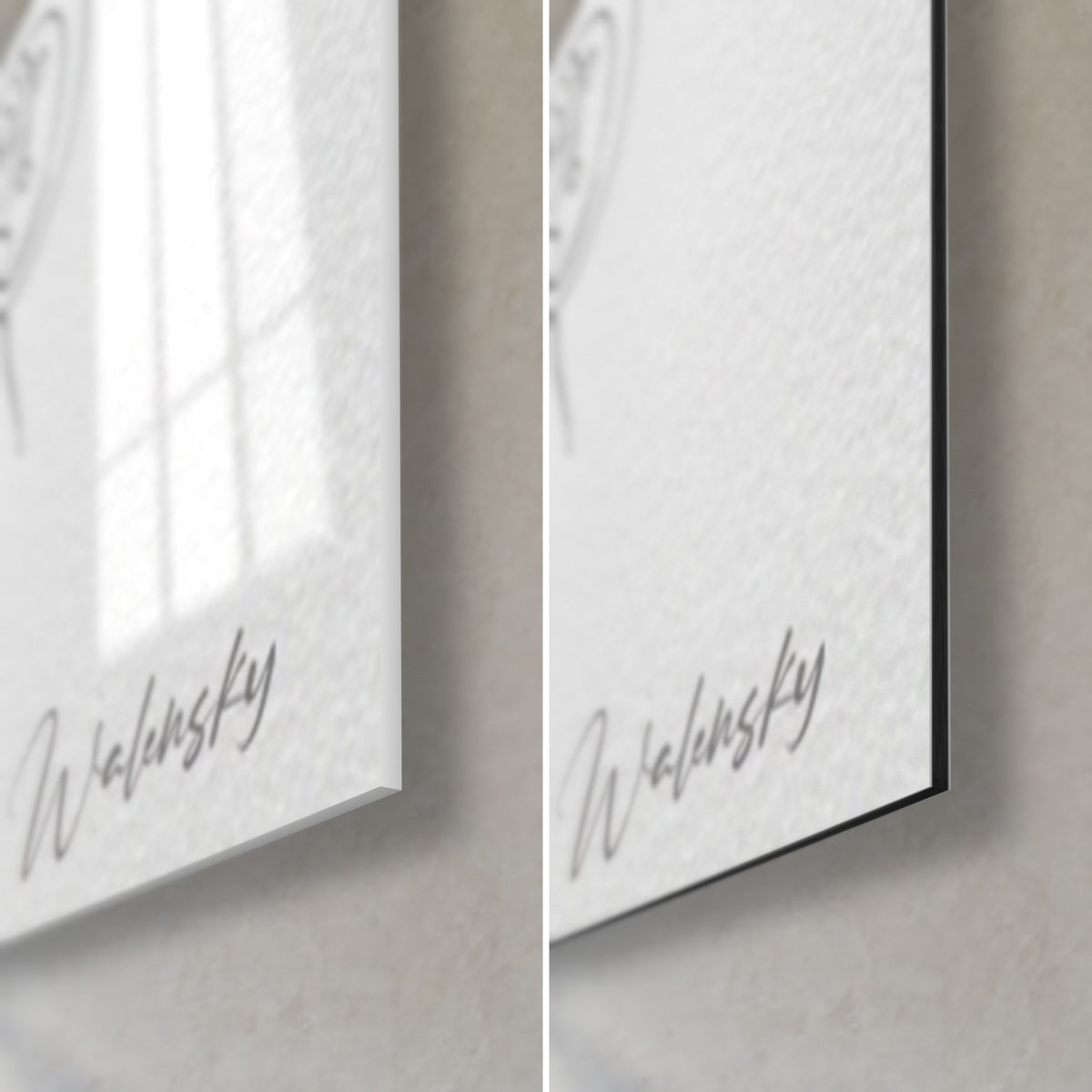 Wall art of a Breton harpist, grey Walensky signature on white, glossy glass corner bottom right and matte black 3 mm Dibond