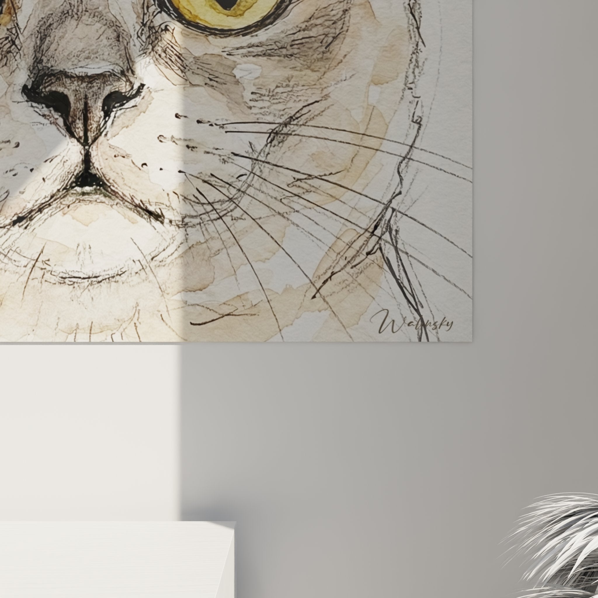 Vue ensemble tableau chat Burmese aquarelle, œuvre murale décorative portrait félin artistique