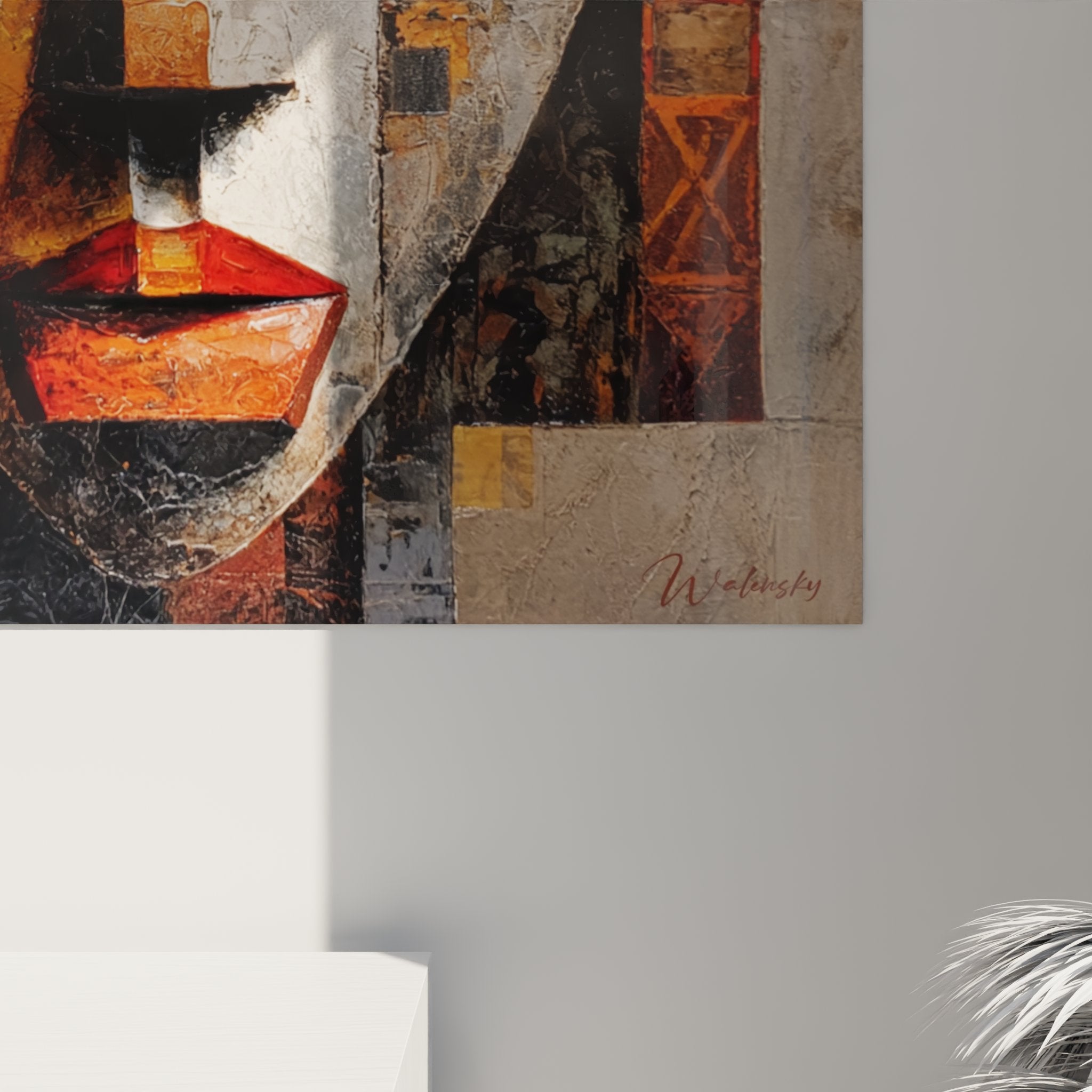 Panoramica quadro maschera tribale, arte cubista africana toni terra, opera etnica decorativa da parete