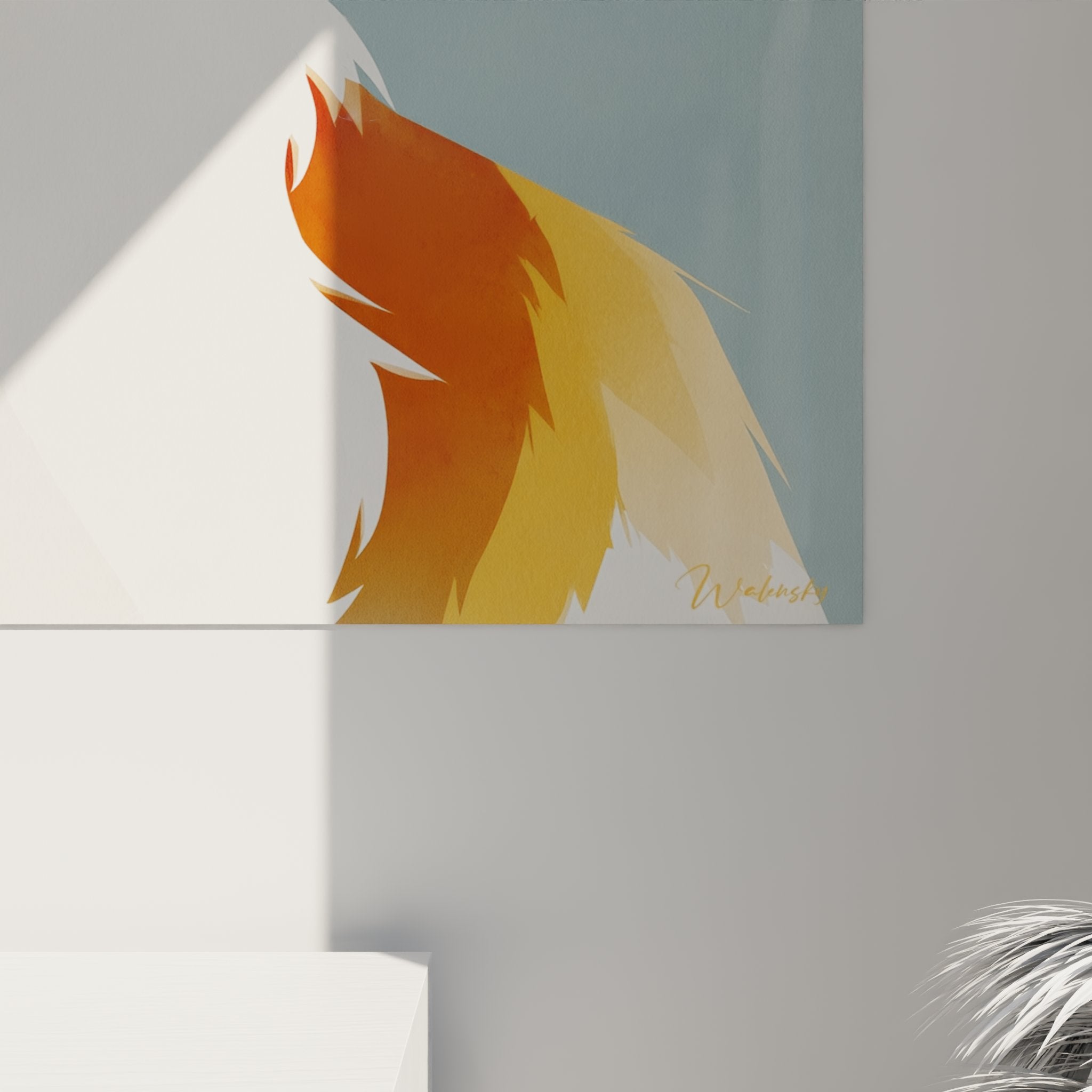 Vue ensemble tableau chat Turkish Van orange blanc sur mur salon decoration interieur contemporain