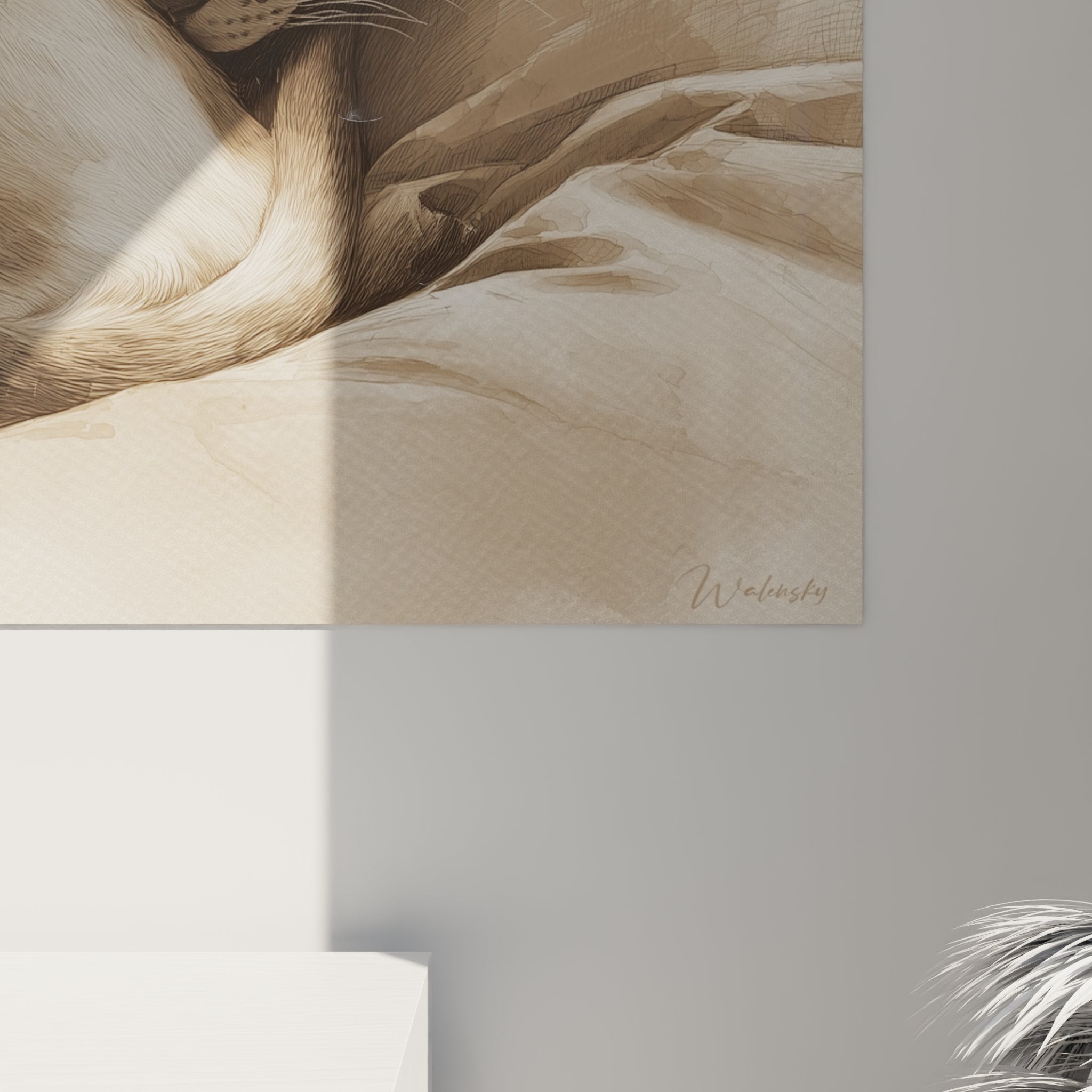 Vue d'ensemble du tableau mural chat Singapura dans un intérieur moderne et chaleureux