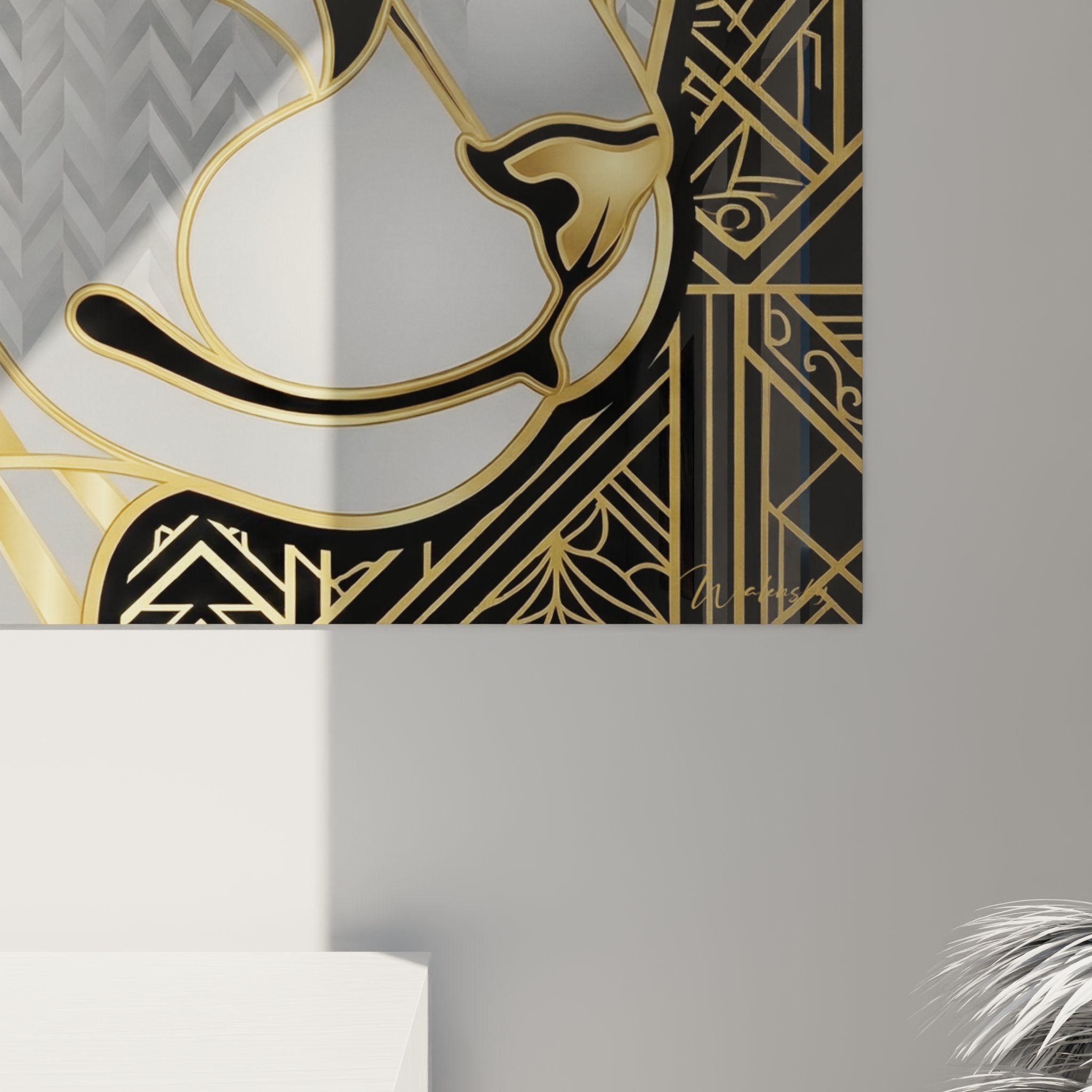 Gesamtansicht Wandbild Katze Art-Deco goldene Dekoration moderner Innenraum Gatsby-Stil