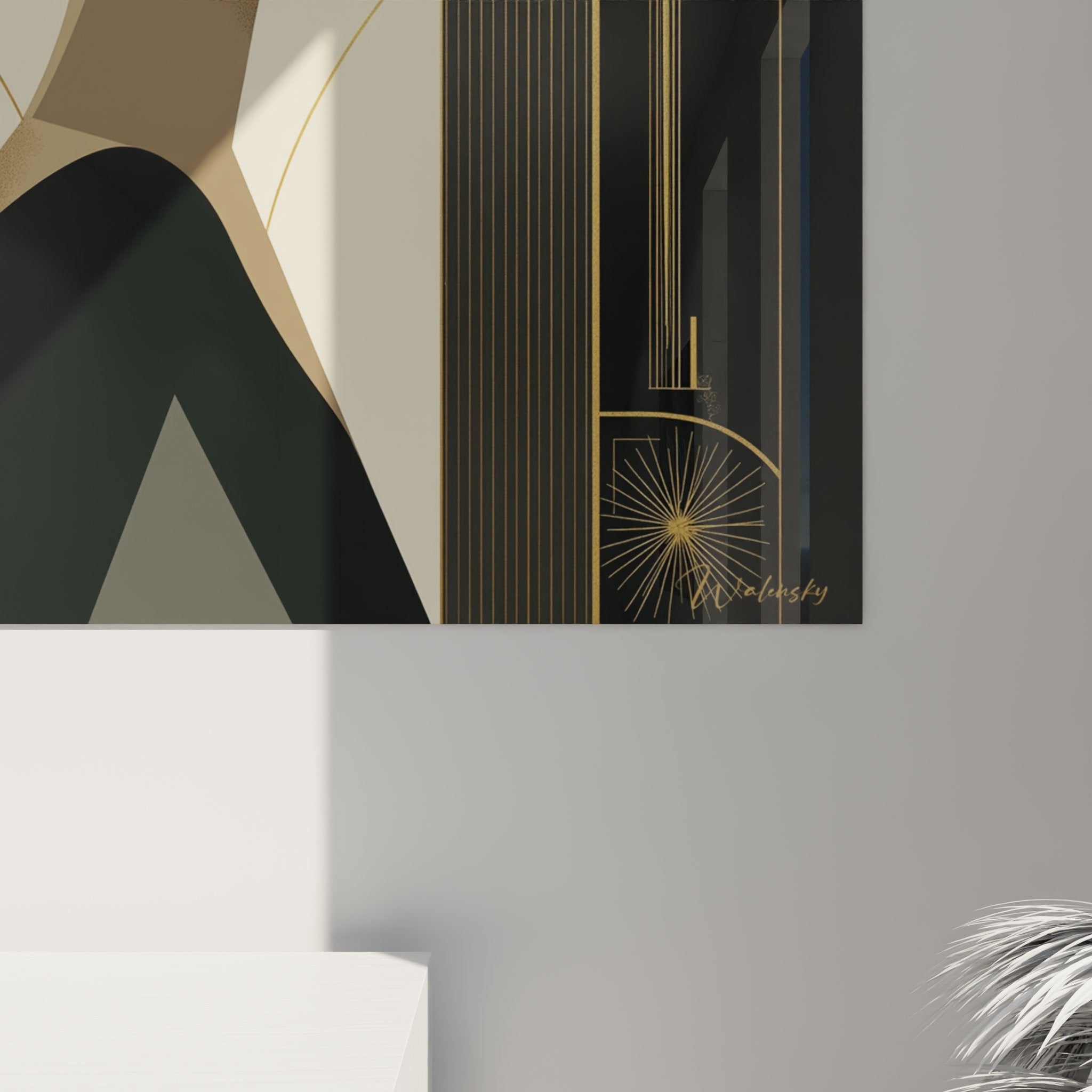 Full view of sophisticated art deco portrait painting in contemporary interior with neutral tones