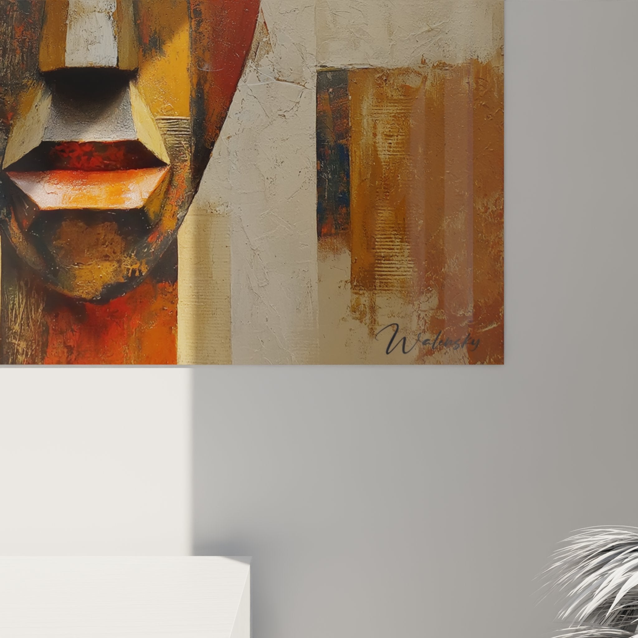 Vista d'insieme quadro maschera geometrica africana stile cubista decorazione arte tribale toni terra arancione