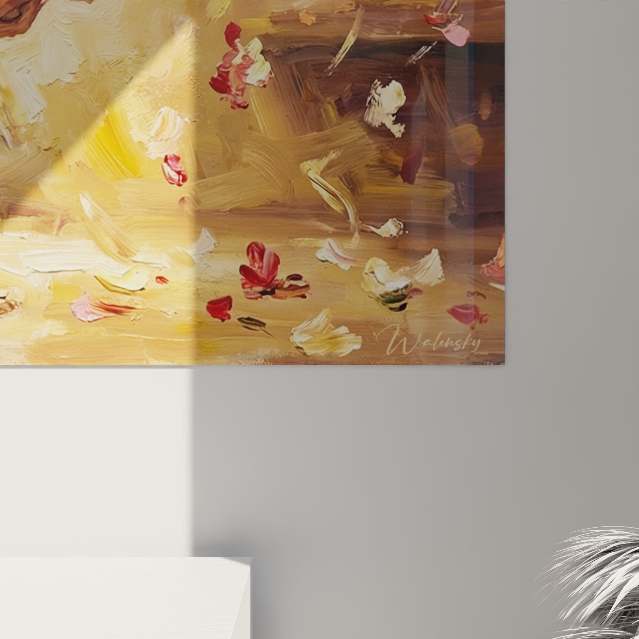 Panoramica quadro danza pioggia di petali, opera d'arte murale, stile contemporaneo elegante