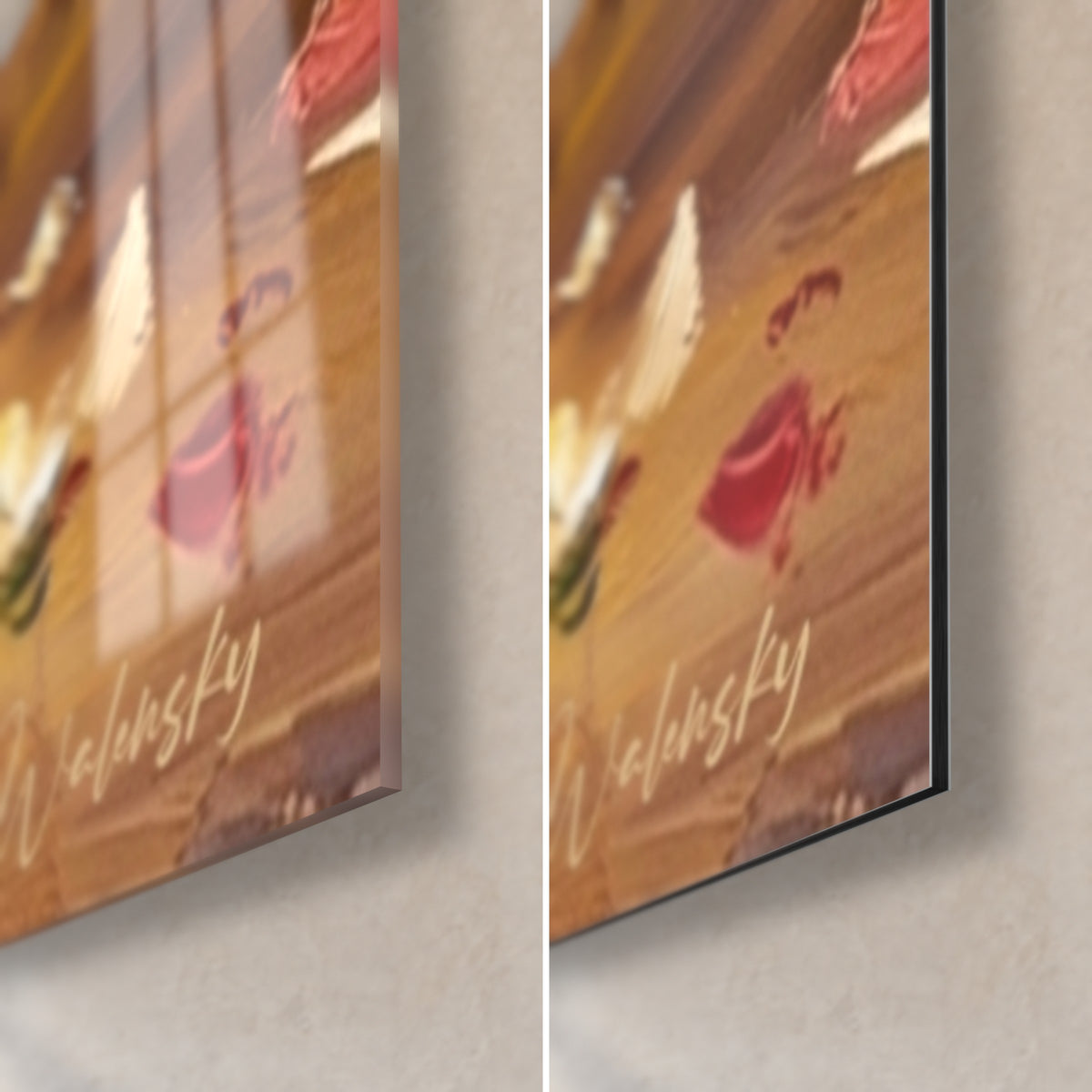 Quadro danzatrice in una pioggia di petali, angolo in basso a destra: vetro acrilico lucido con riflessi, Dibond nero opaco, spessore 3 mm