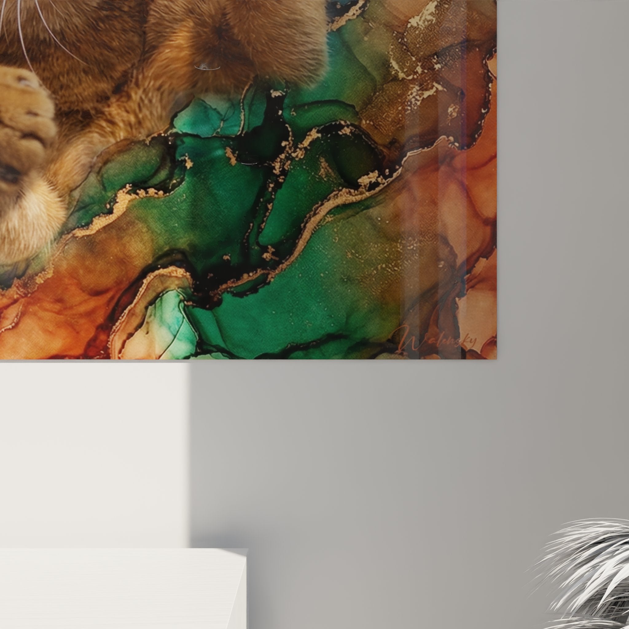 Übersichtsansicht Wandbild Abessinierkatze im modernen Wohnzimmer elegante Inneneinrichtung