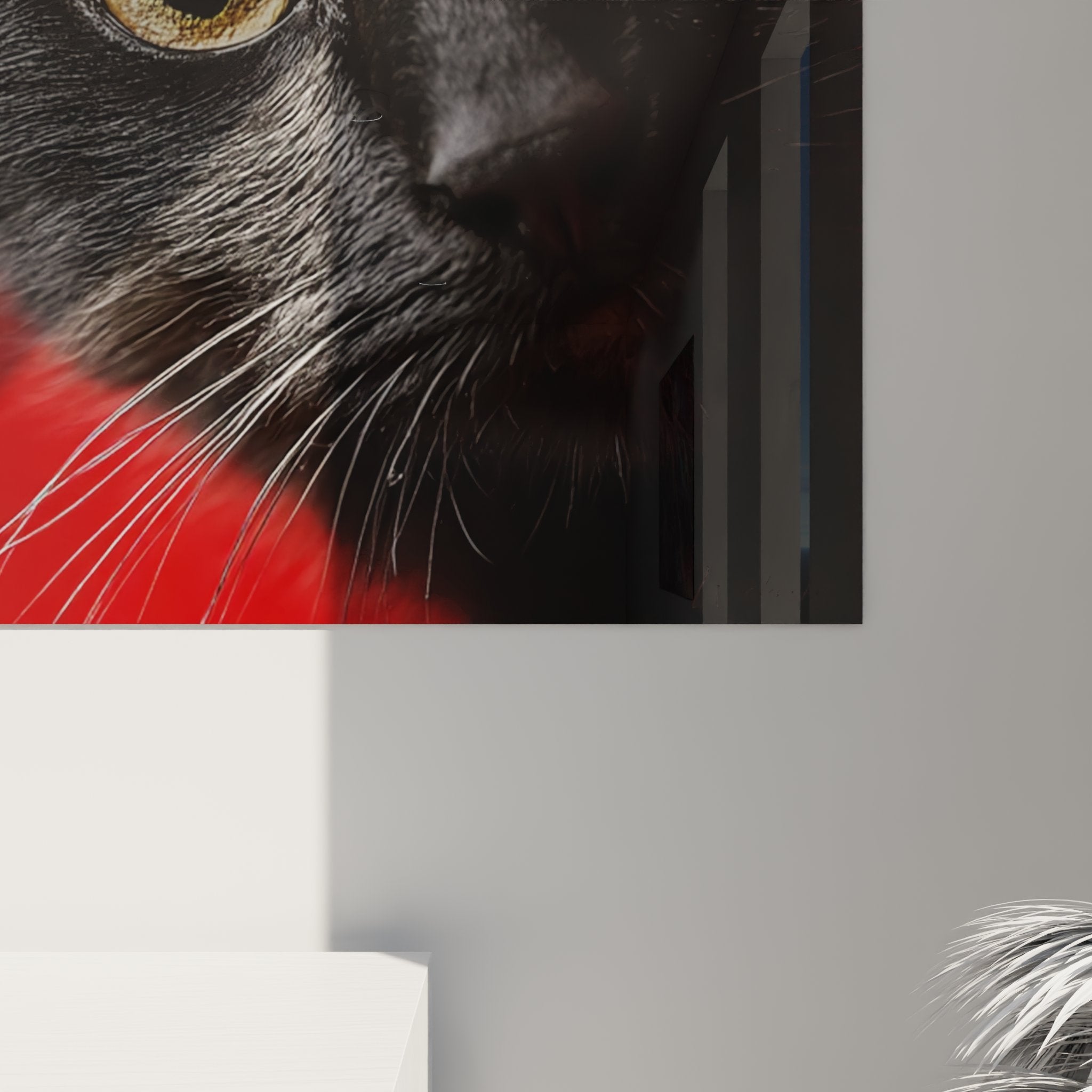 Vue d'ensemble tableau chat Bombay noir et rouge, œuvre d'art félin pour intérieur design et moderne