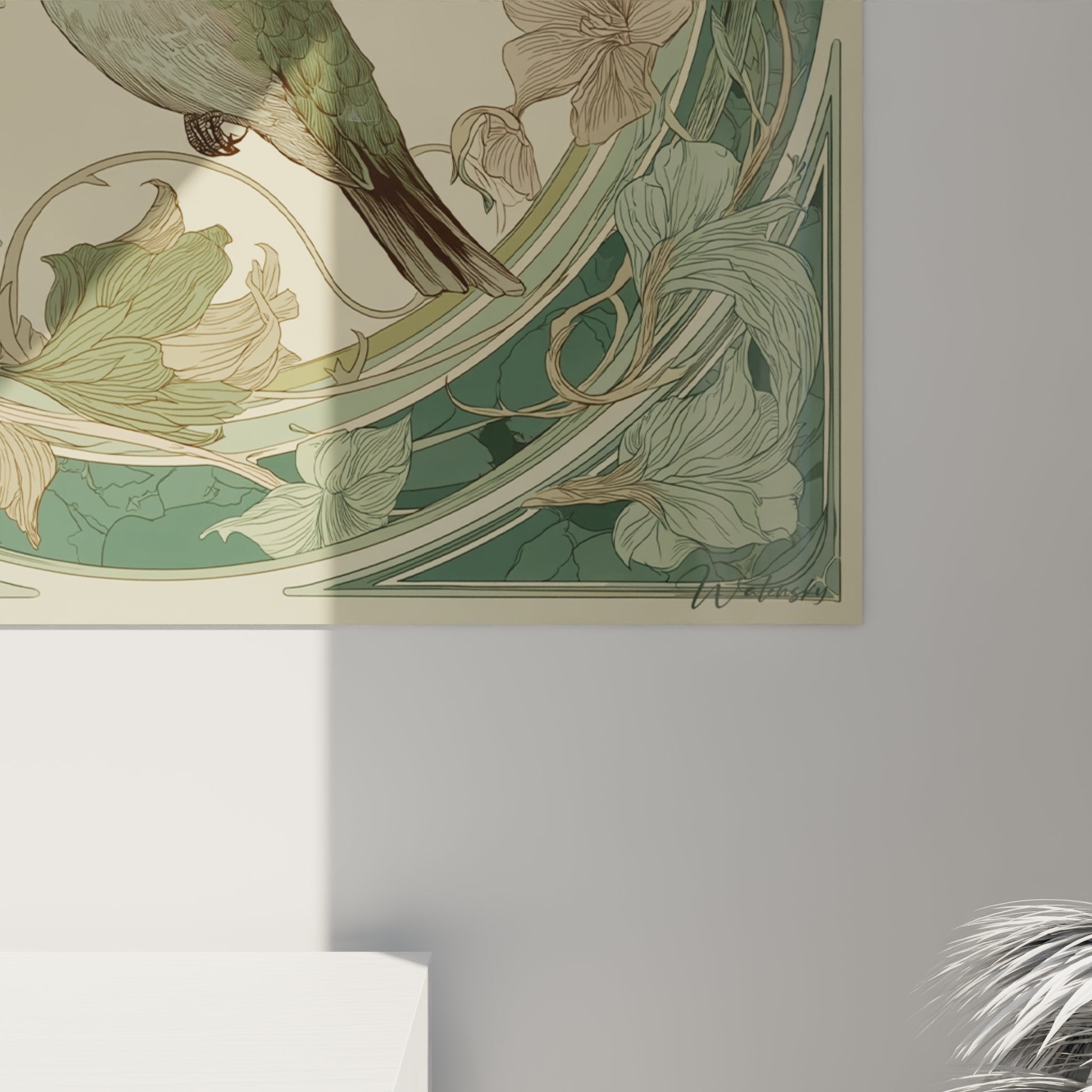 Vue ensemble tableau colibri Art deco ornements floraux lierre volutes motifs geometriques tons verts dores