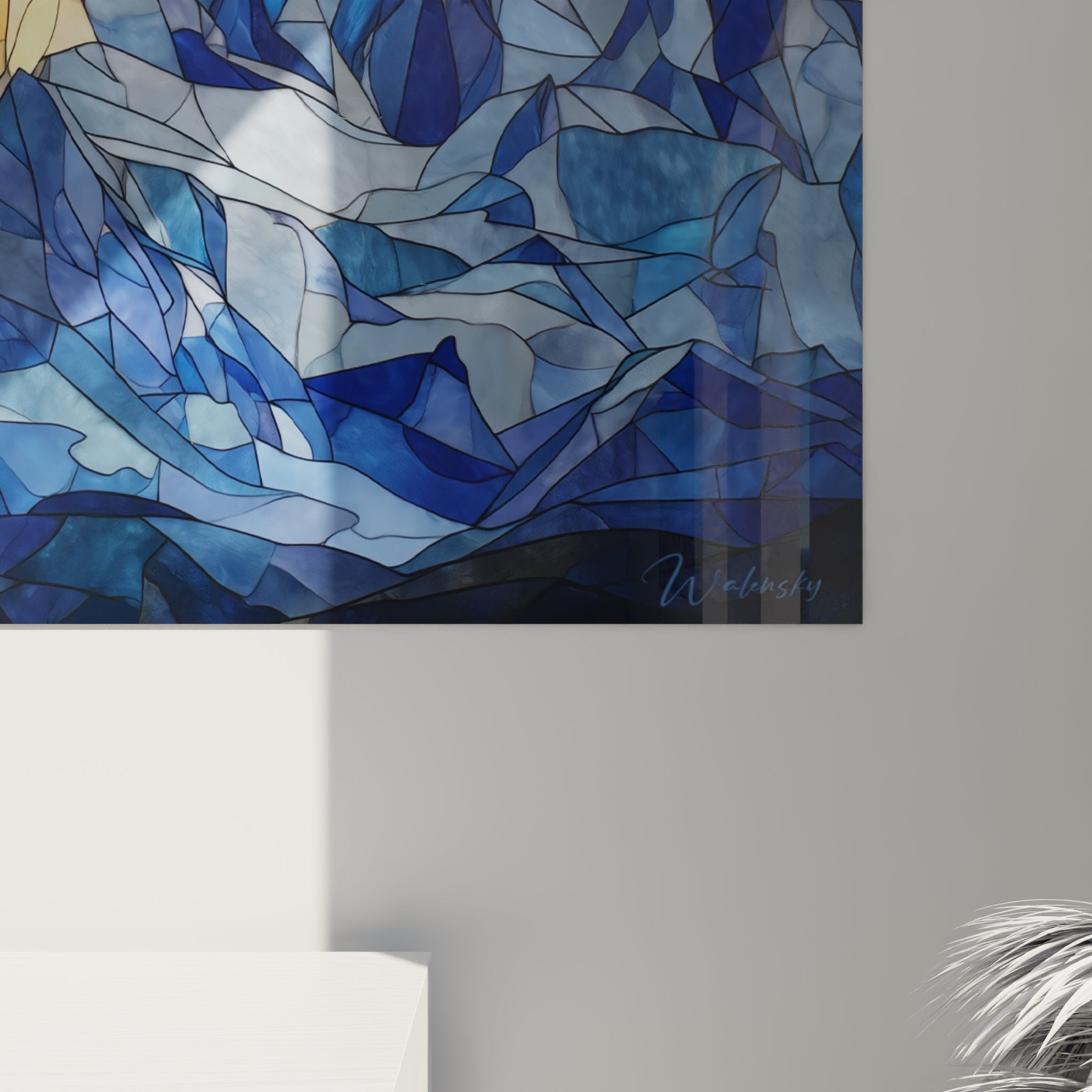 Gesamtansicht Mosaik-Gemälde Alpine Landschaft mit Sonnenstrahlungseffekt und geometrischen Gipfeln