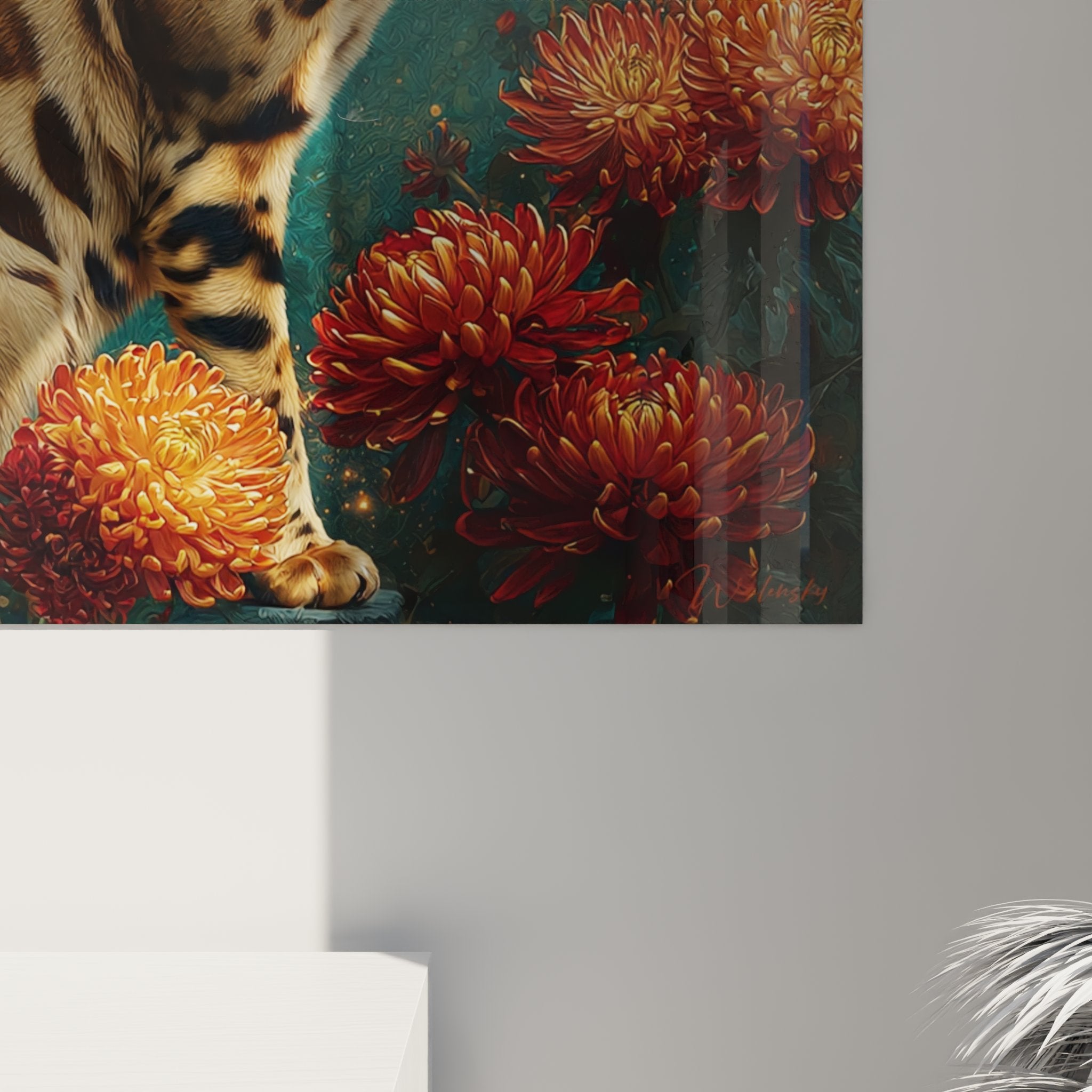 Vue d'ensemble tableau mural chat Bengal dans jardin de chrysanthèmes, art félin contemporain pour décoration intérieure