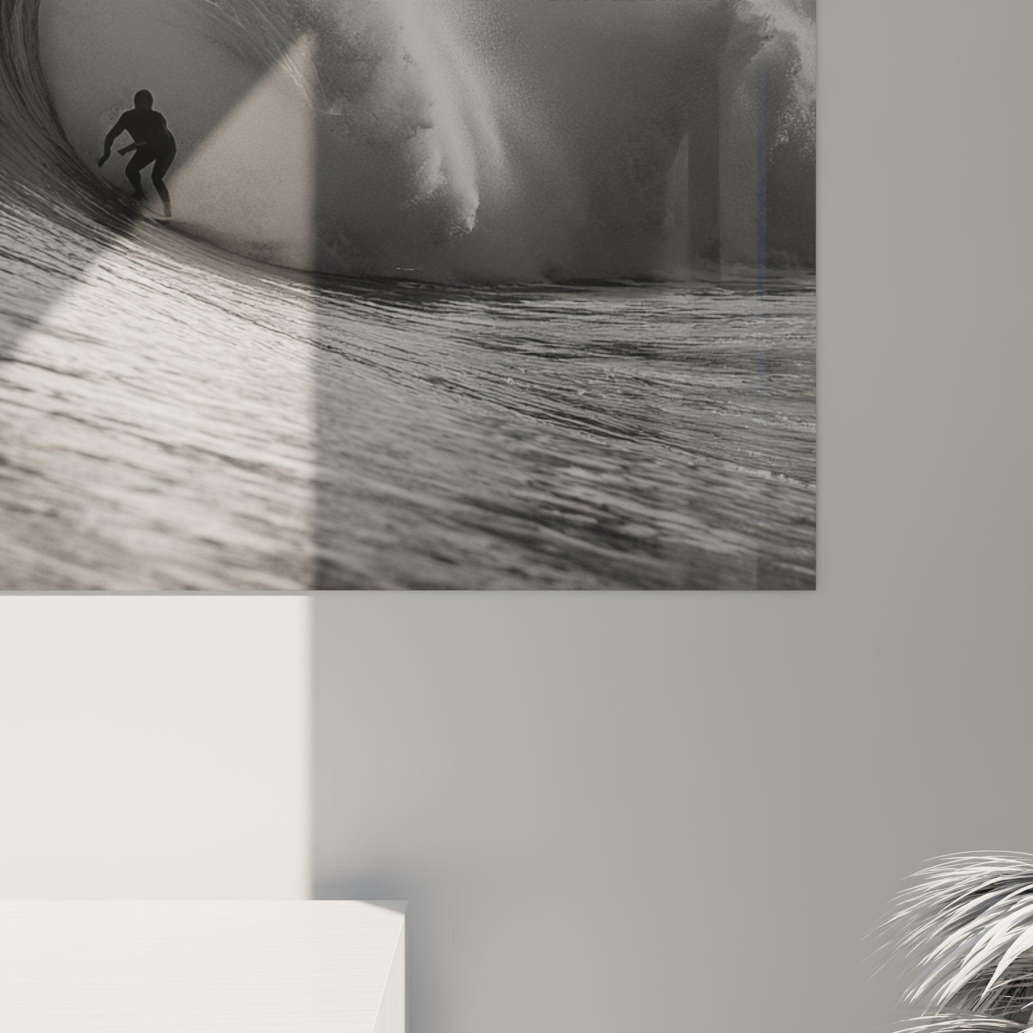 Vue ensemble tableau mural surf noir blanc decoration interieur modern surfeur tube