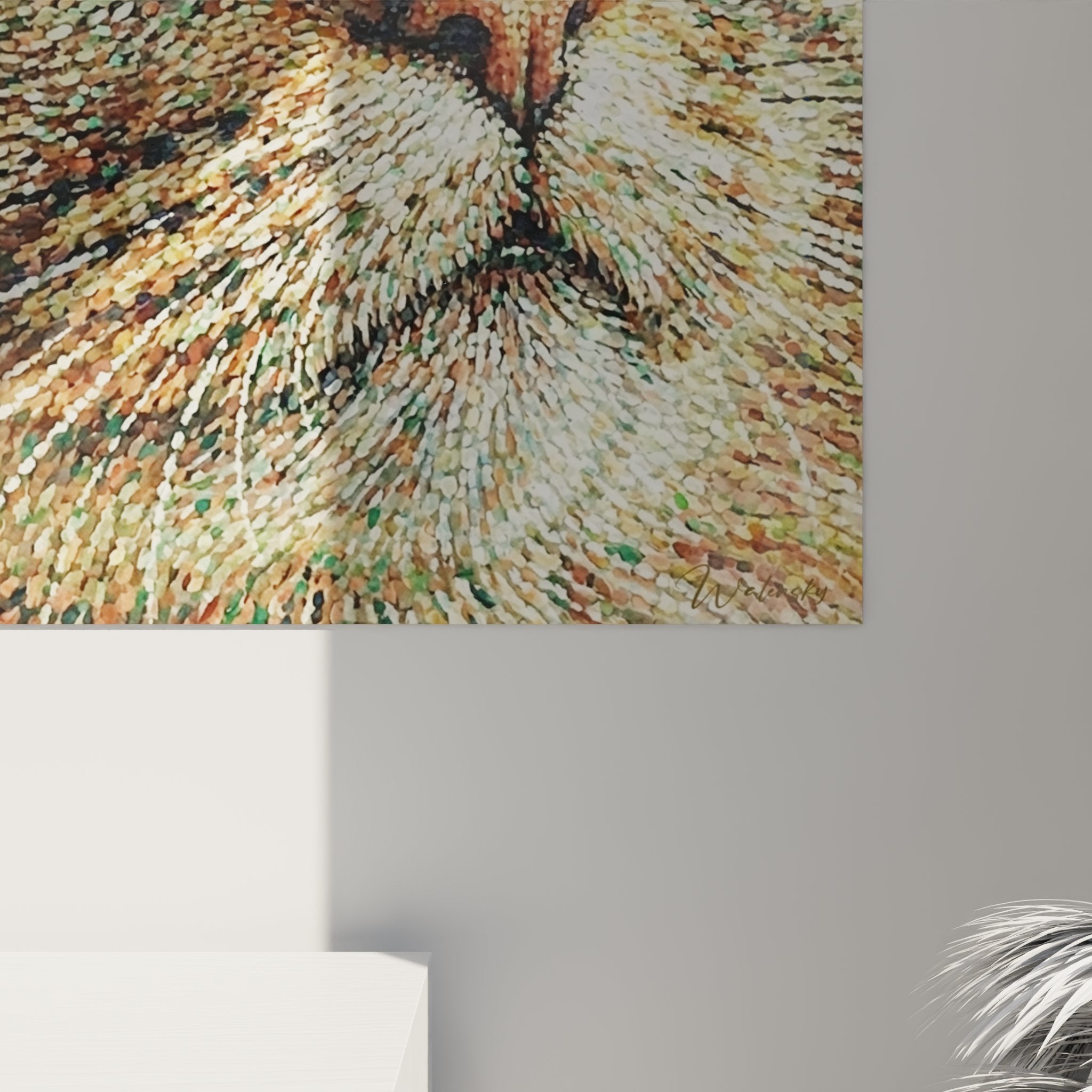 Vista d'insieme quadro ritratto gatto Ragamuffin mosaico colorato decorazione soggiorno moderno arte animalista