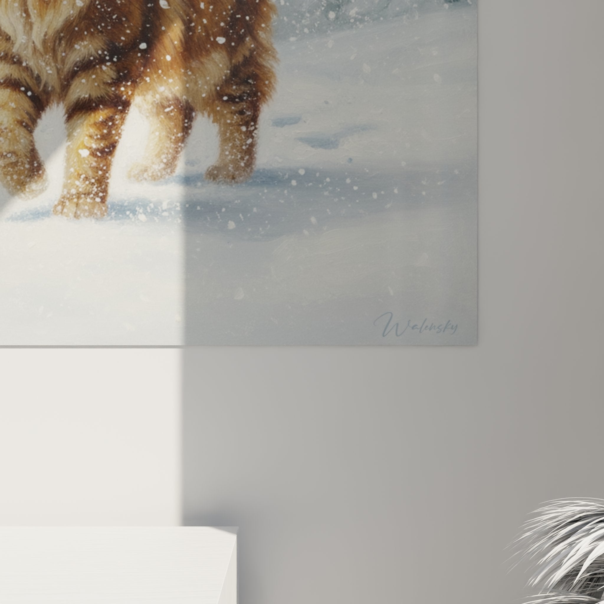 Overview of winter Maine Coon wall art in living room, cat artwork in snowy landscape hanging on wall
