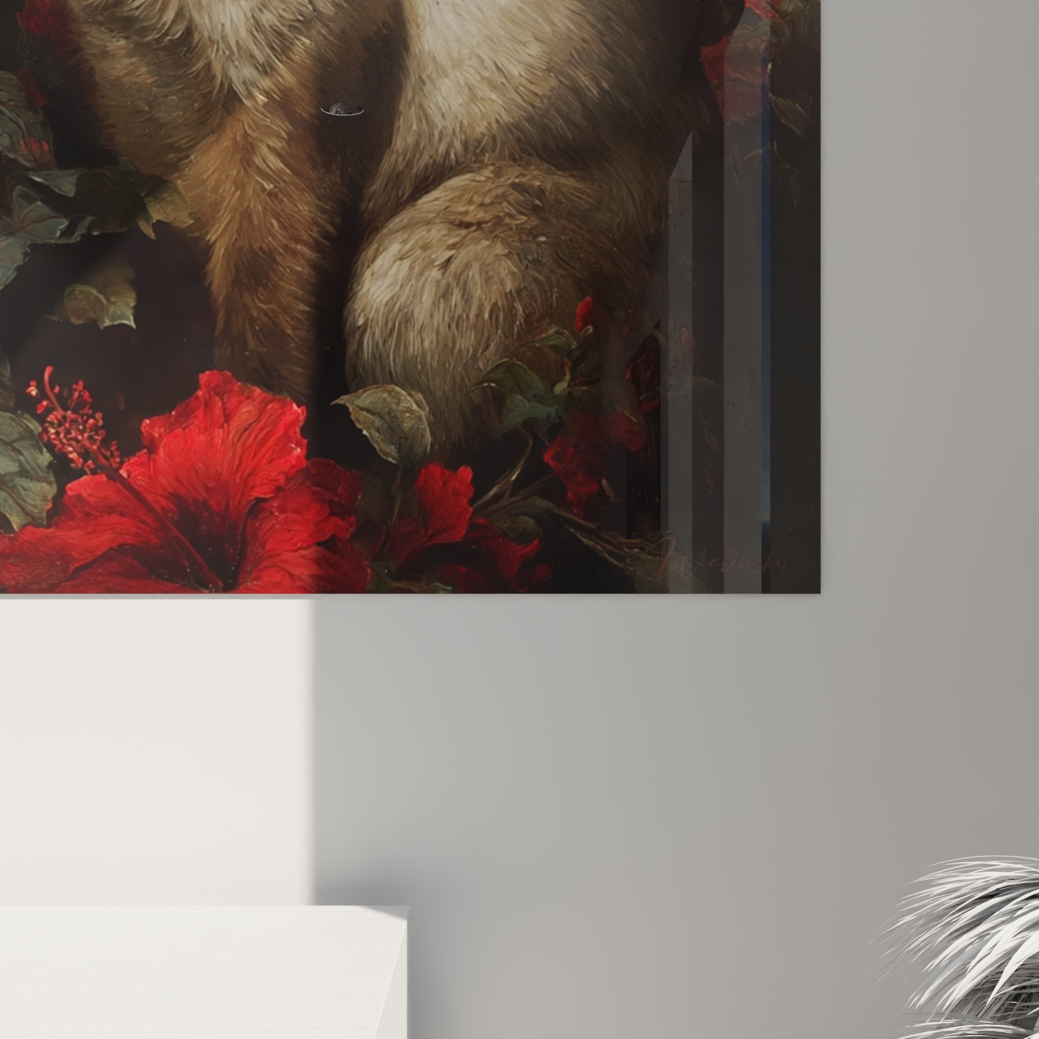 Overview wall art painting Balinese cat tropical red hibiscus decorative interior art