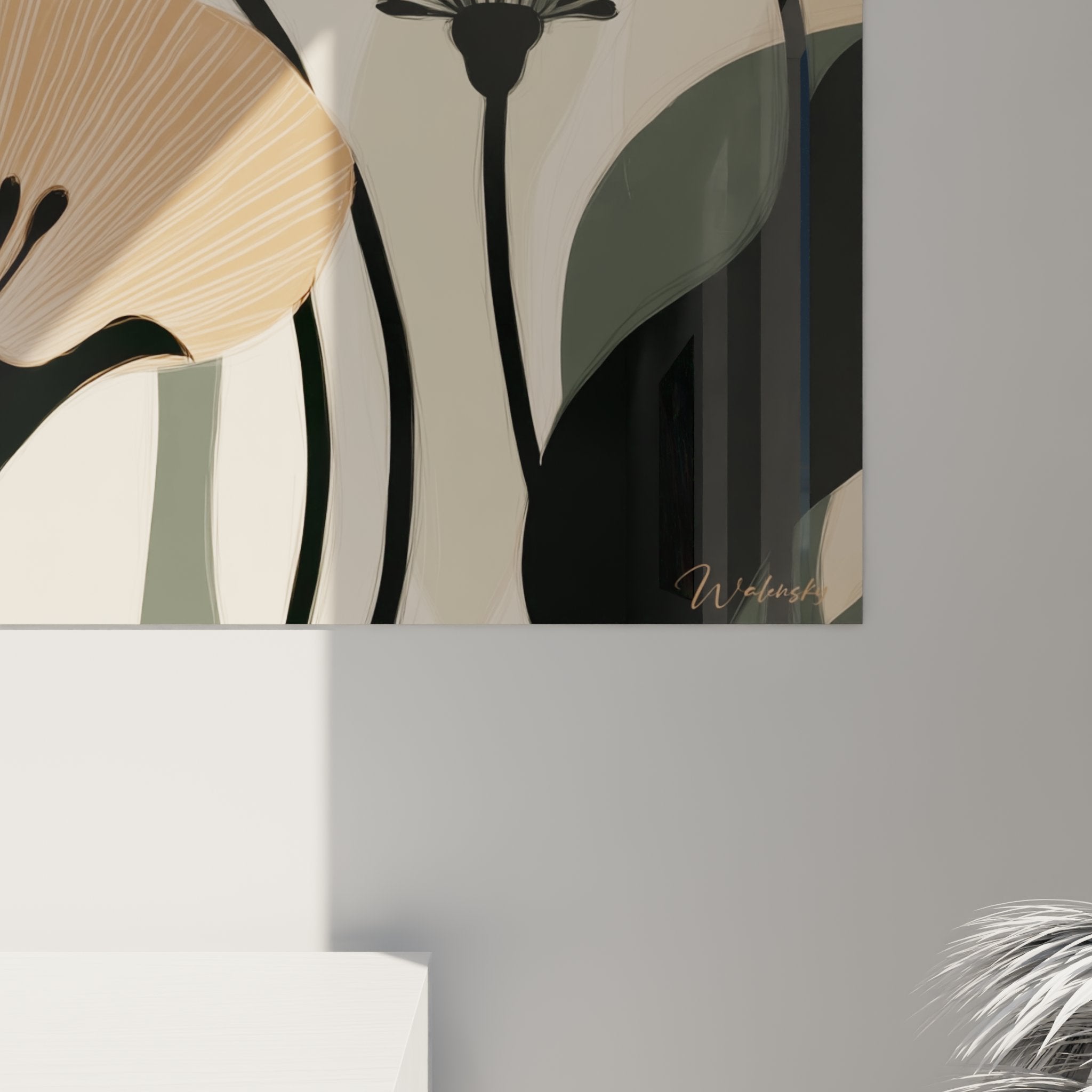 Vista d'insieme quadro fiori art deco corallo, composizione floreale stilizzata decorazione interni contemporanea