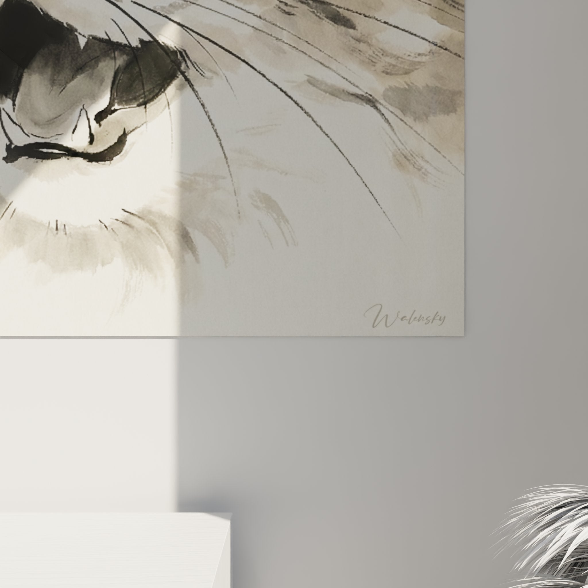 Vista d'insieme quadro ritratto gatto Ragamuffin acquerello incorniciato per decorazione d'interni raffinata
