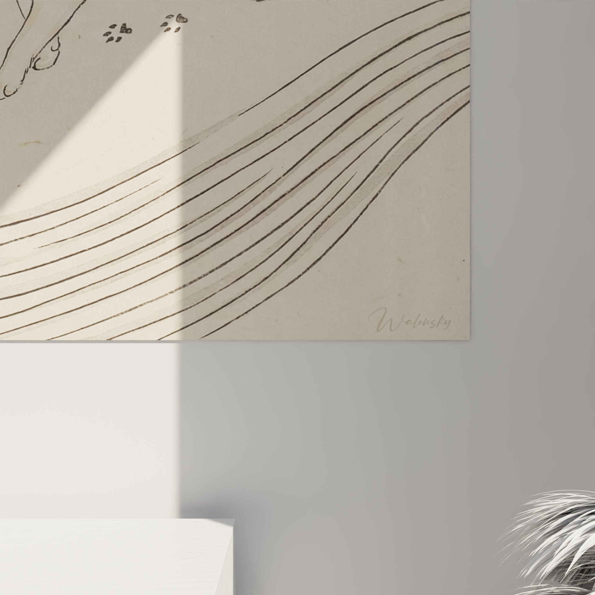 Overview wall art Japanese Bobtail cat minimalist style with curved lines and paw prints zen decoration