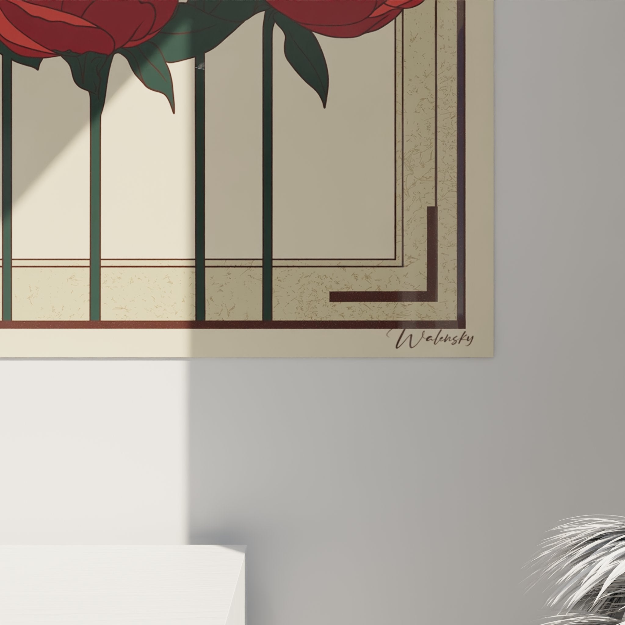 Vista d'insieme quadro rose art deco cornice dorata geometrica decorazione murale elegante