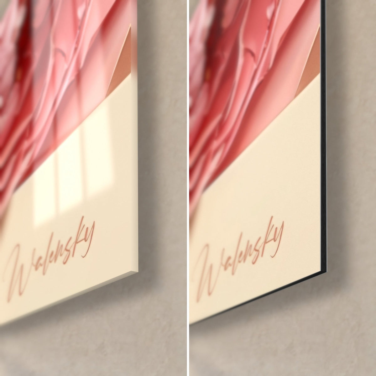 Wall art Birman cat and pale pink petals on a cream background, lower right corner, glossy acrylic glass and matte black Dibond