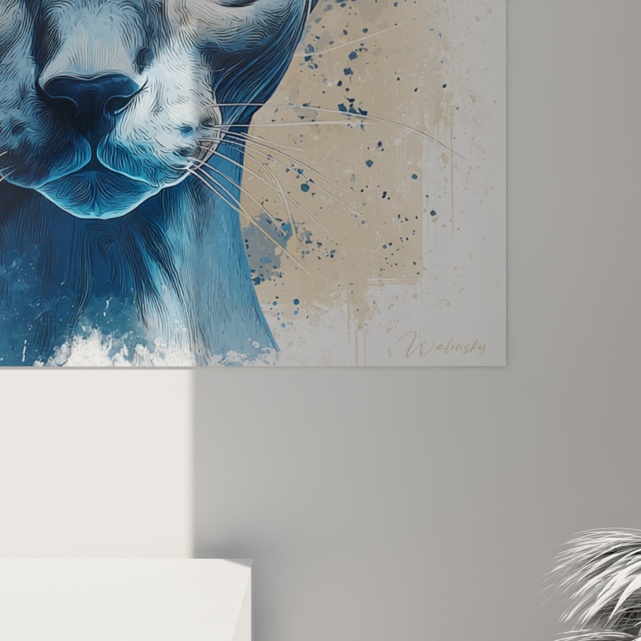Overview artistic Sphynx cat wall art with blue and gold palette on white wall