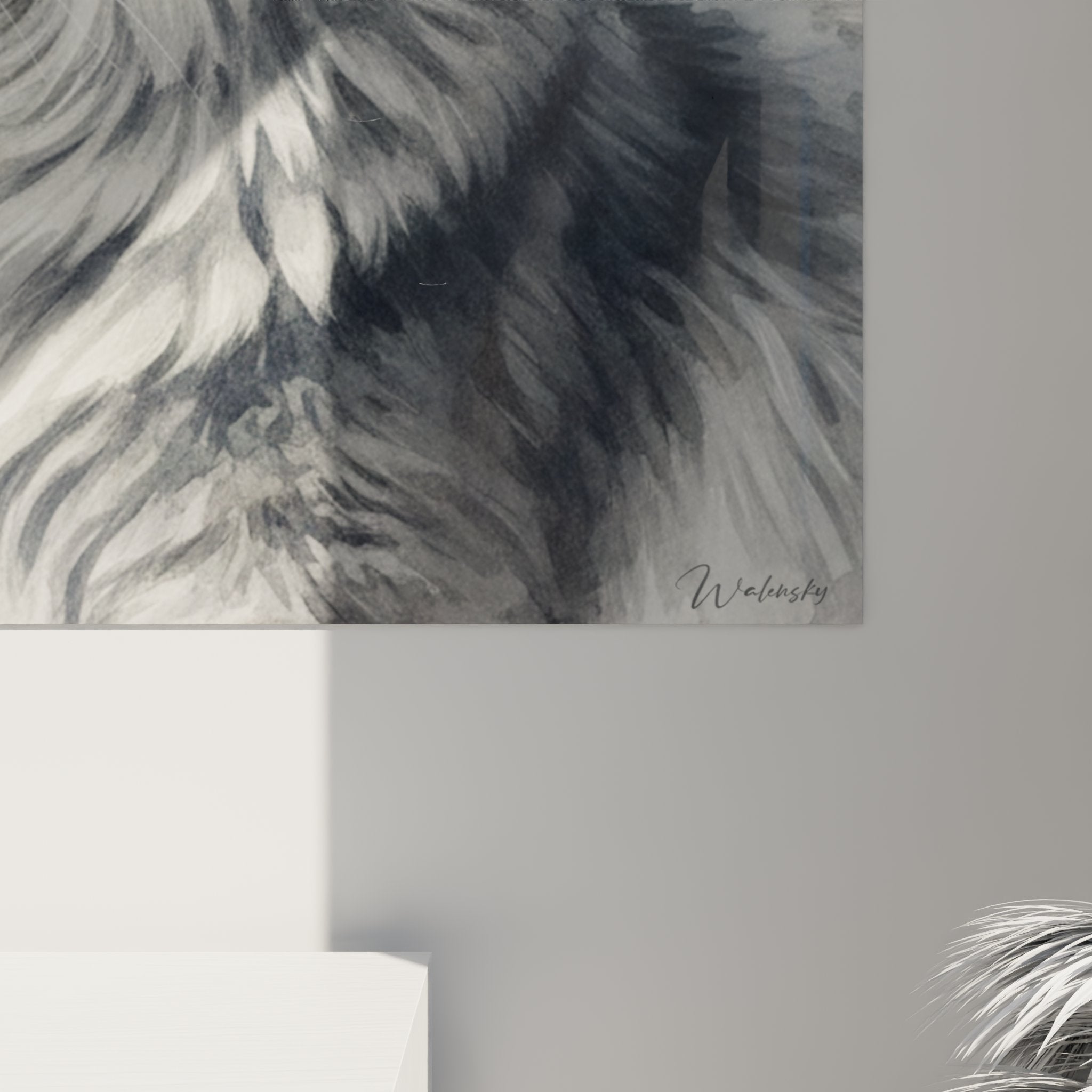 Übersichtsansicht Wandgemälde Nebelung-Katze im zeitgenössischen Wohnzimmer, dekoratives felides Kunstwerk in Rahmen