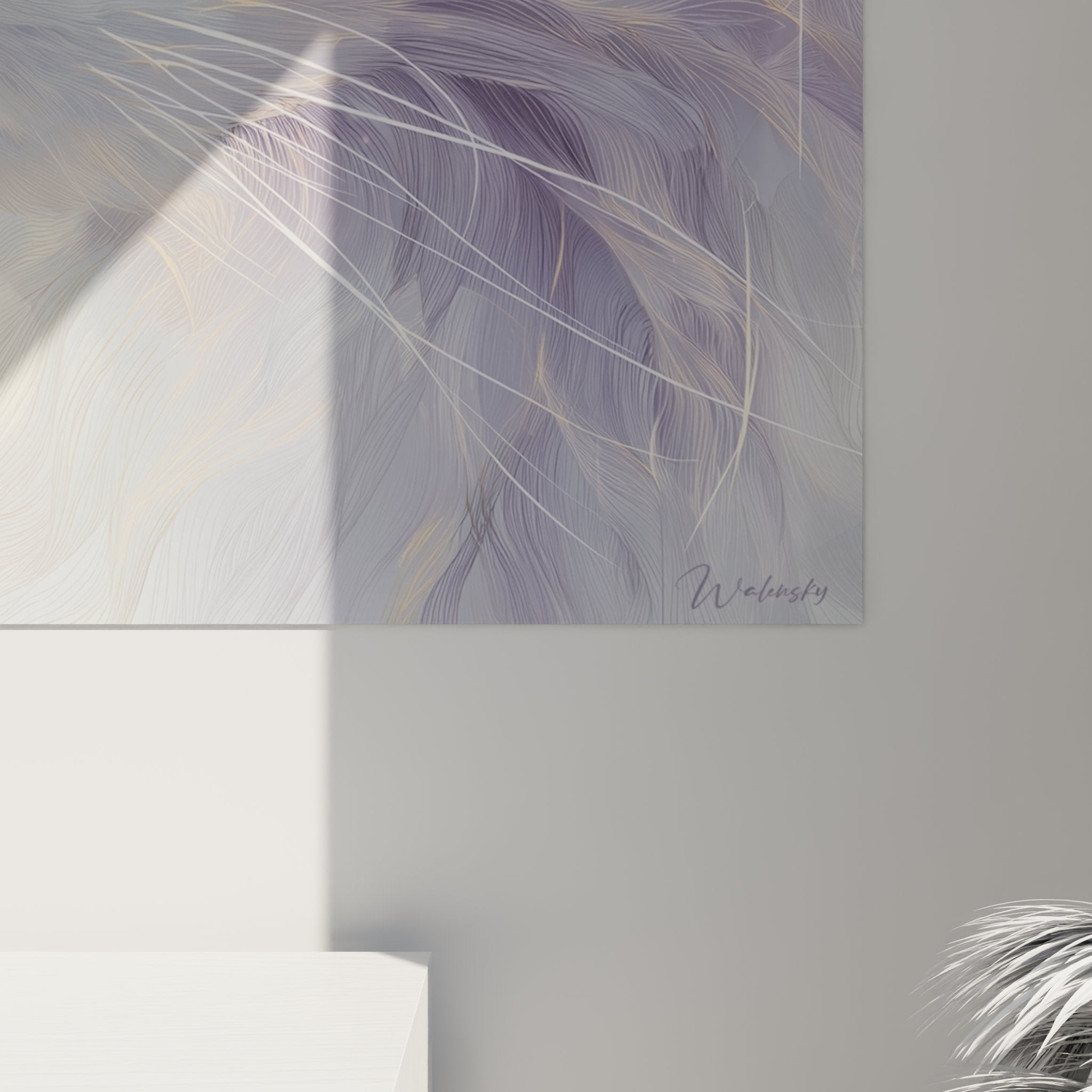 Turkish Angora wall art overview, modern frame, artistic feline portrait lavender white gold tones