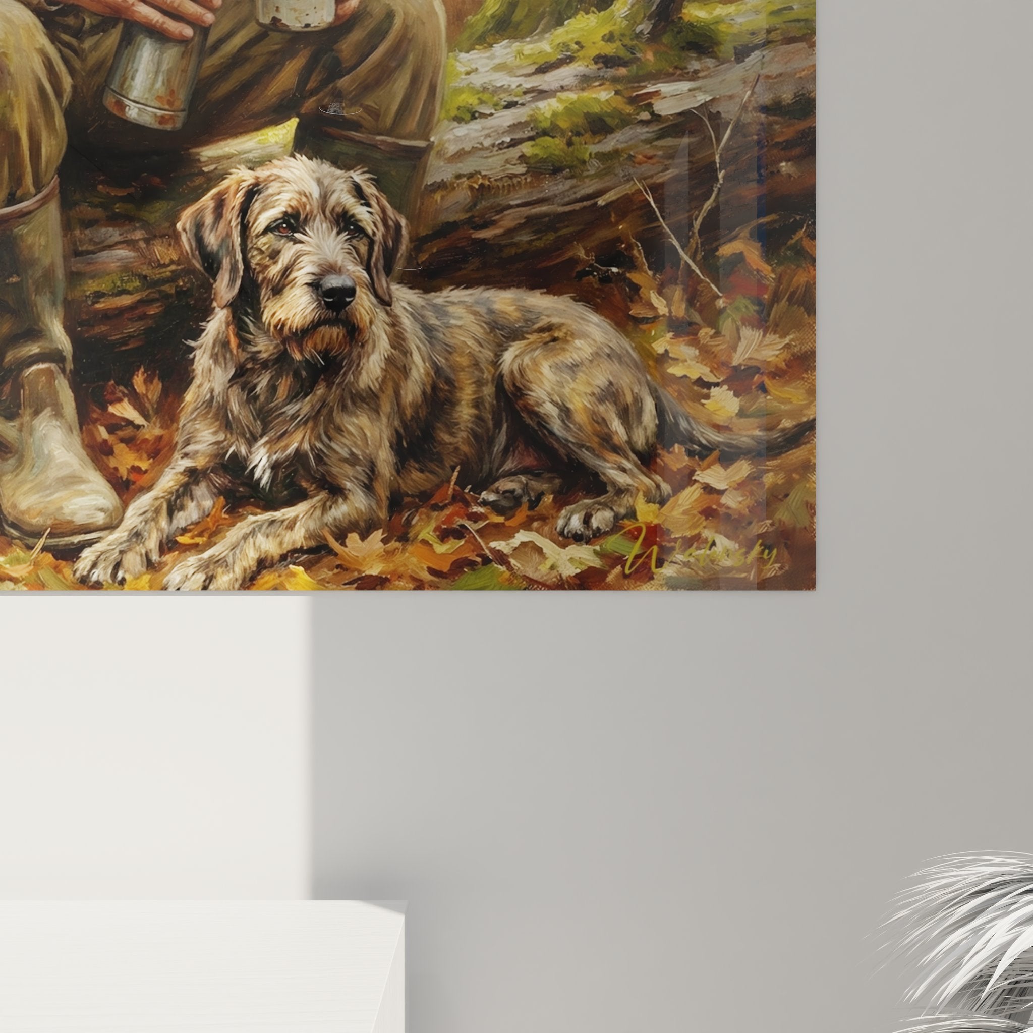 Vue d'ensemble tableau scène chasse forêt automne, chasseur chien repos, feuillage doré lumière tamisée