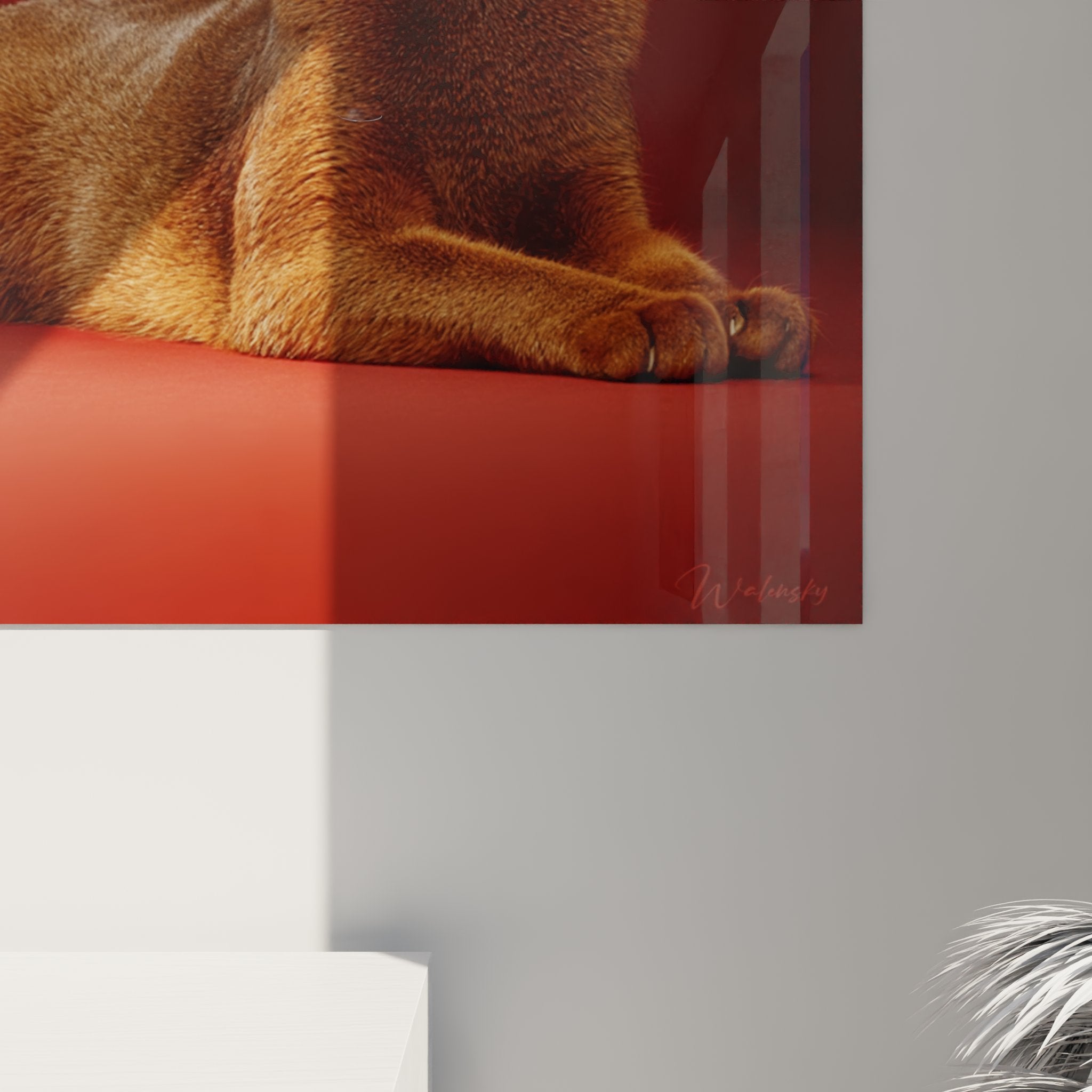 Vista d'insieme quadro decorativo gatto Abissino, stile contemporaneo, palette rossa e dorata per interni