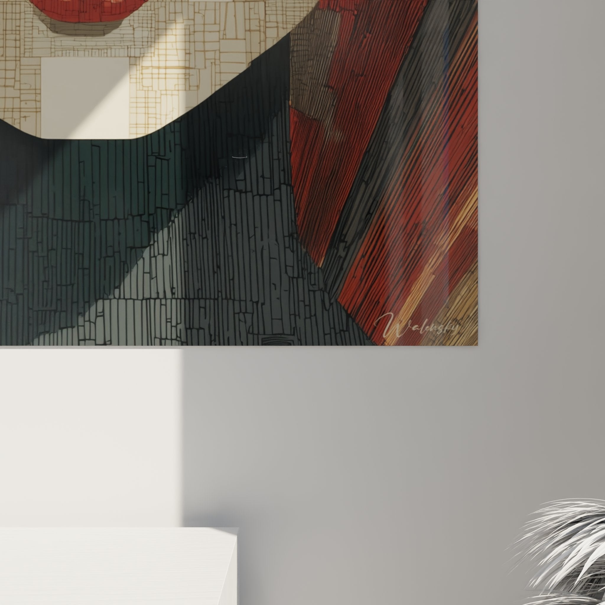 Vue ensemble tableau portrait femme art deco mosaique geometrique decoration interieur moderne style vintage
