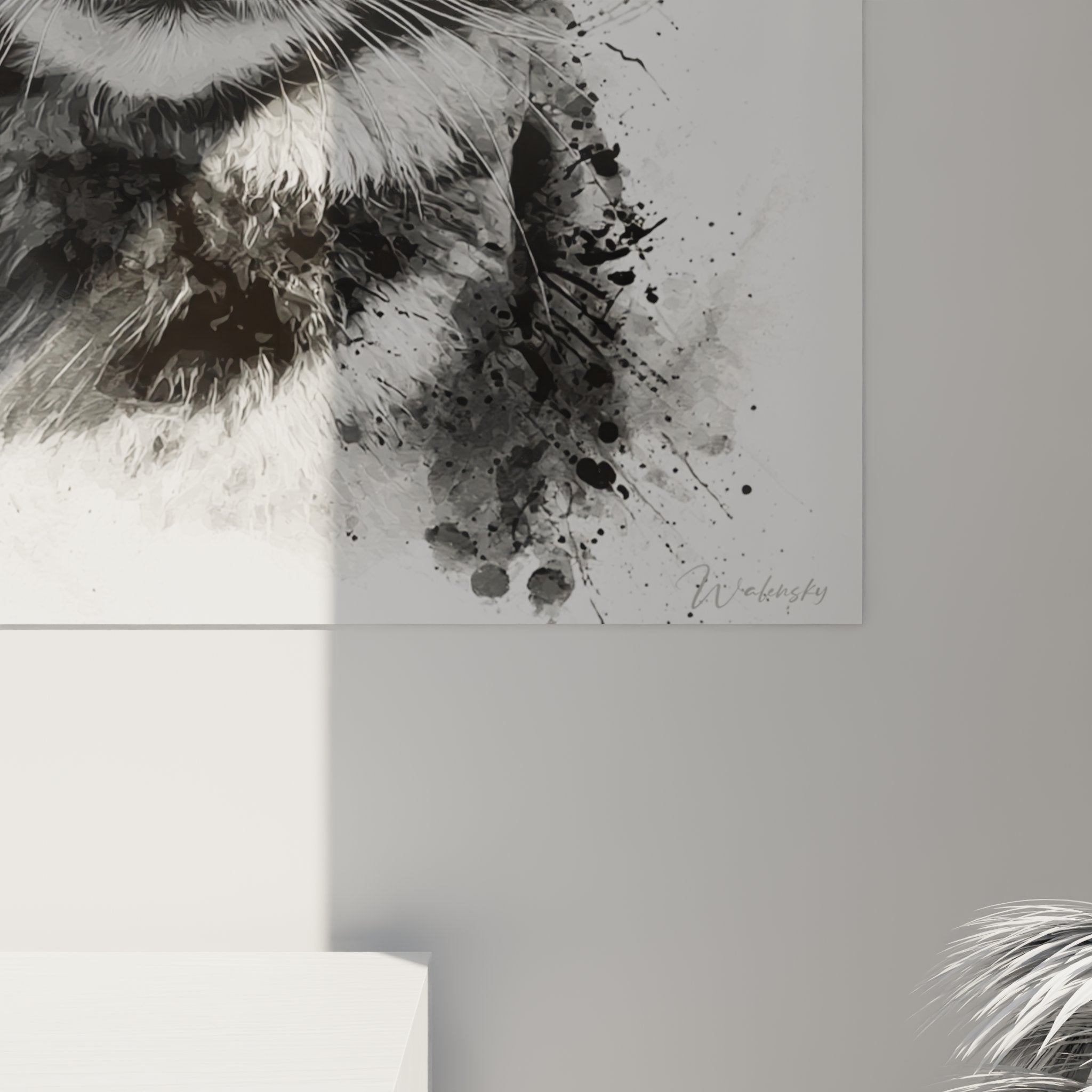 Overview portrait painting American Bobtail cat watercolor style black white artistic wall decor