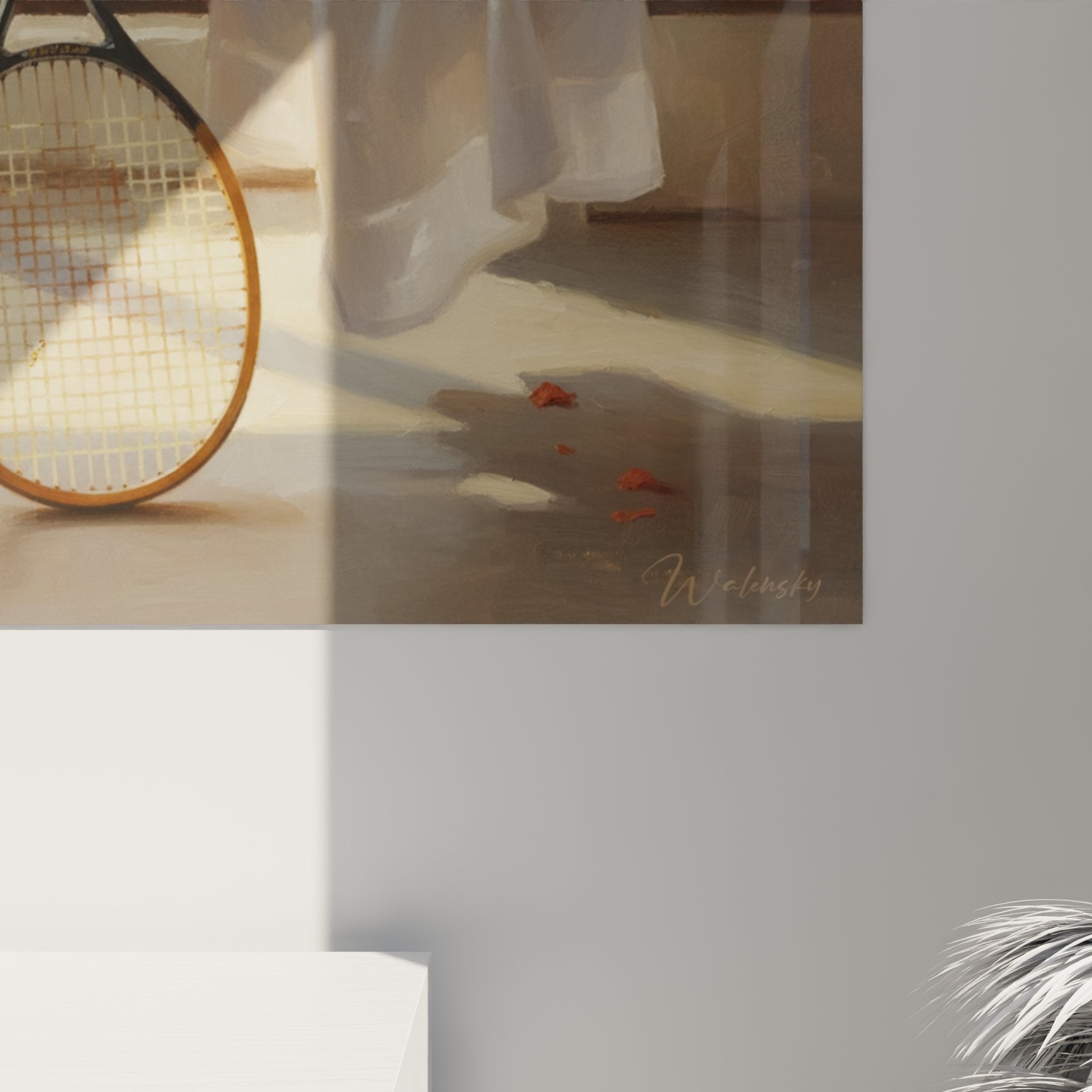 Vue d'ensemble tableau tennis retro, composition artistique raquettes et accessoires vintage