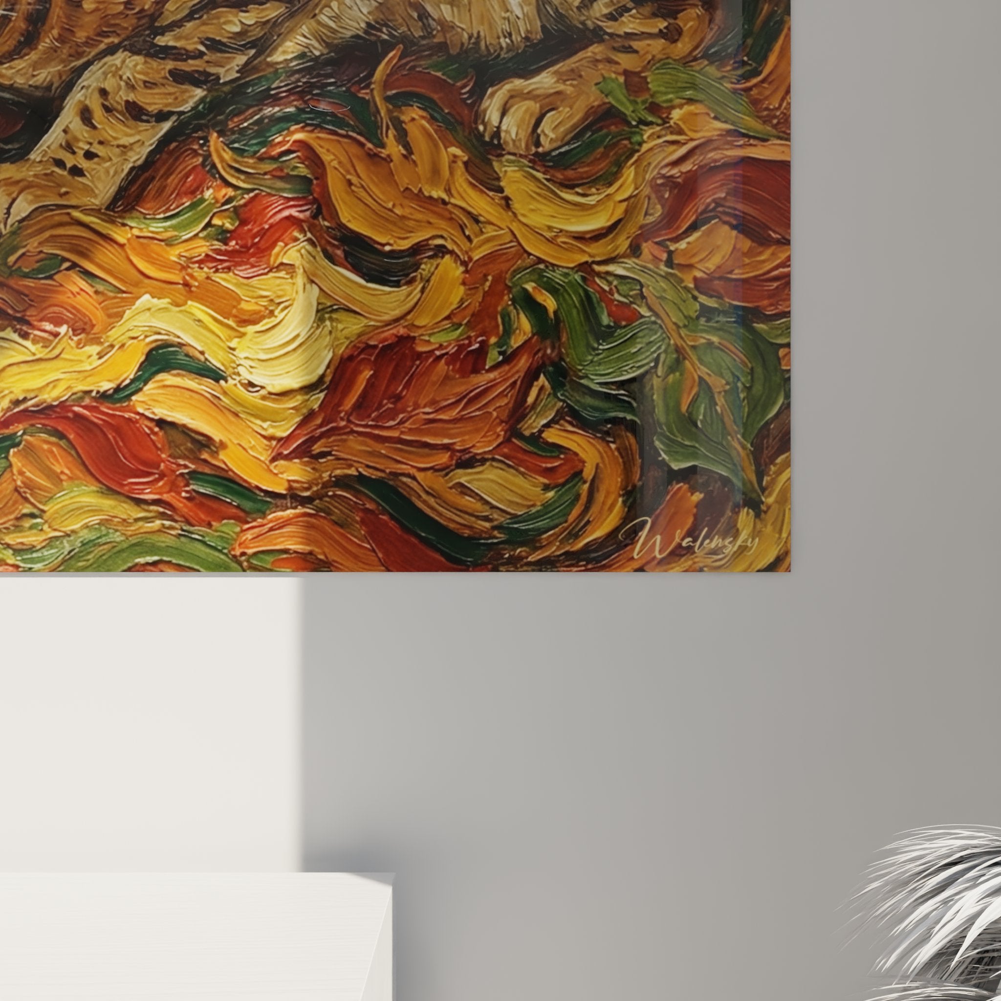 Vue d'ensemble tableau mural chat Ocicat dans intérieur moderne avec éclairage ambiant chaleureux