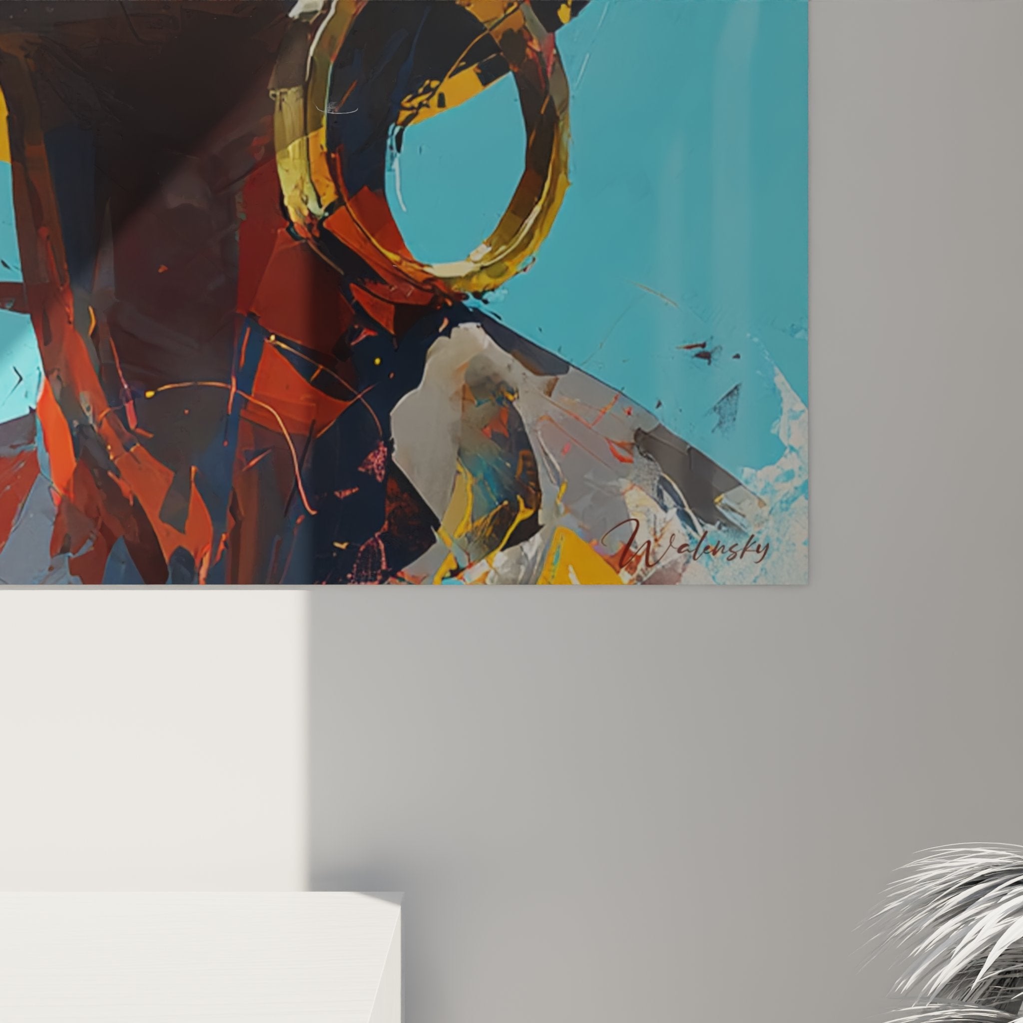 Vista generale quadro ritratto africano da parete, arte contemporanea decorativa toni arancio turchese