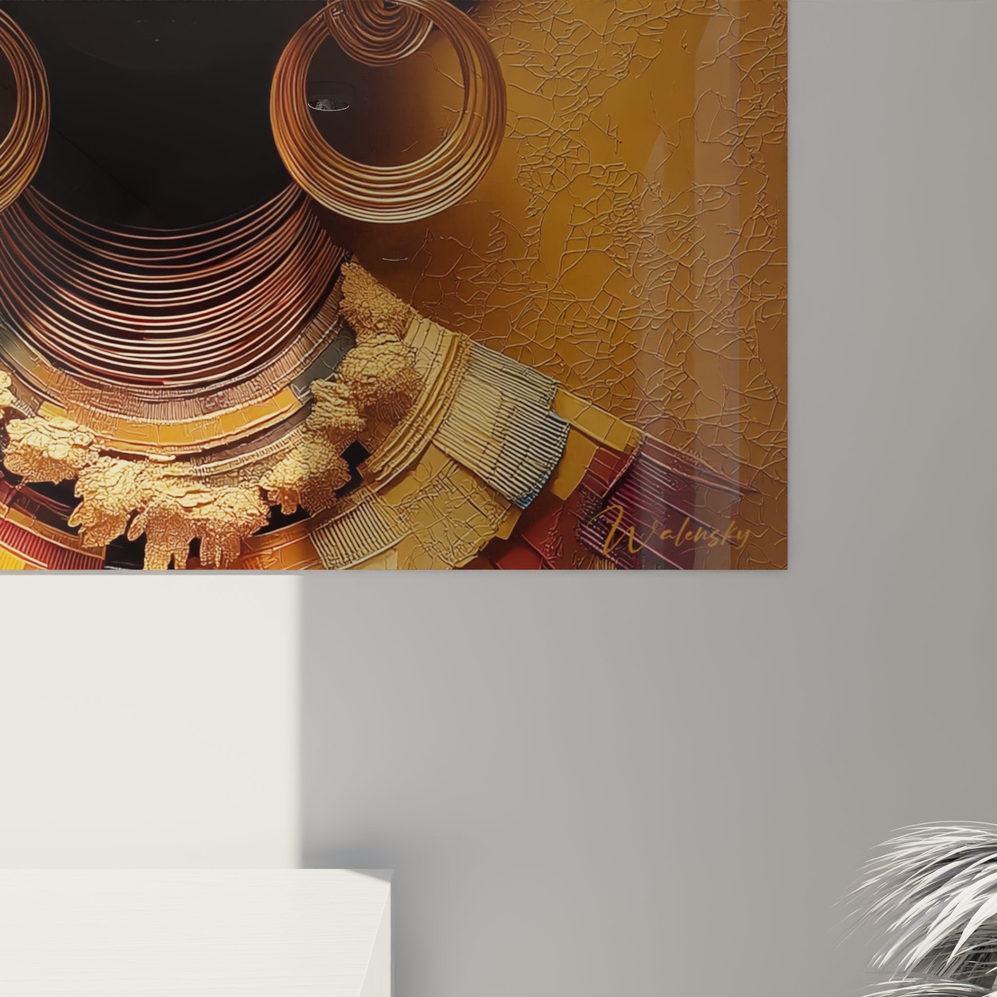 Visione d'insieme quadro murale ritratto donna africana, arte decorativa con spirali concentriche dorate