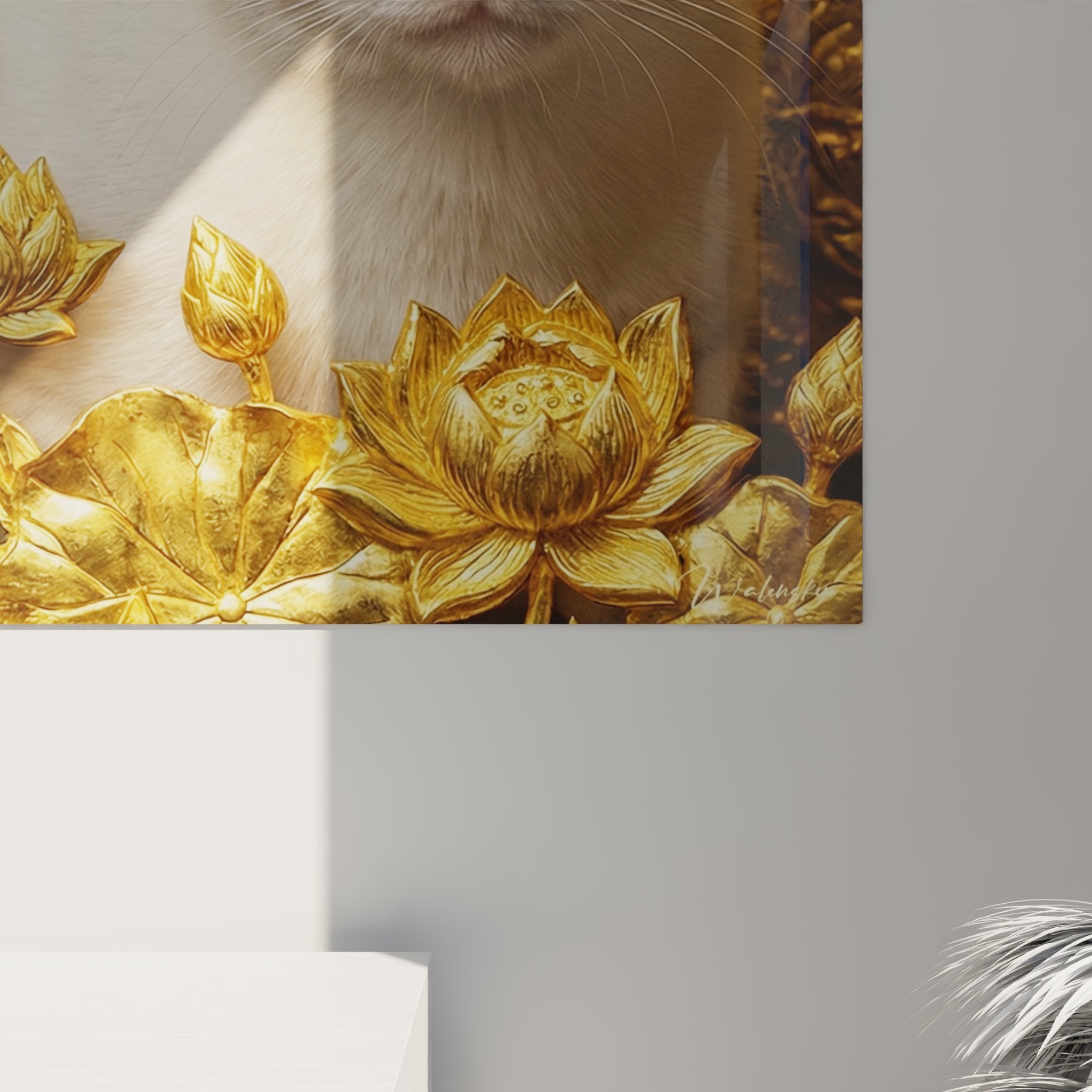 Vue ensemble tableau chat Khao Manee art mural thailandais lotus dores decoration interieure style asiatique