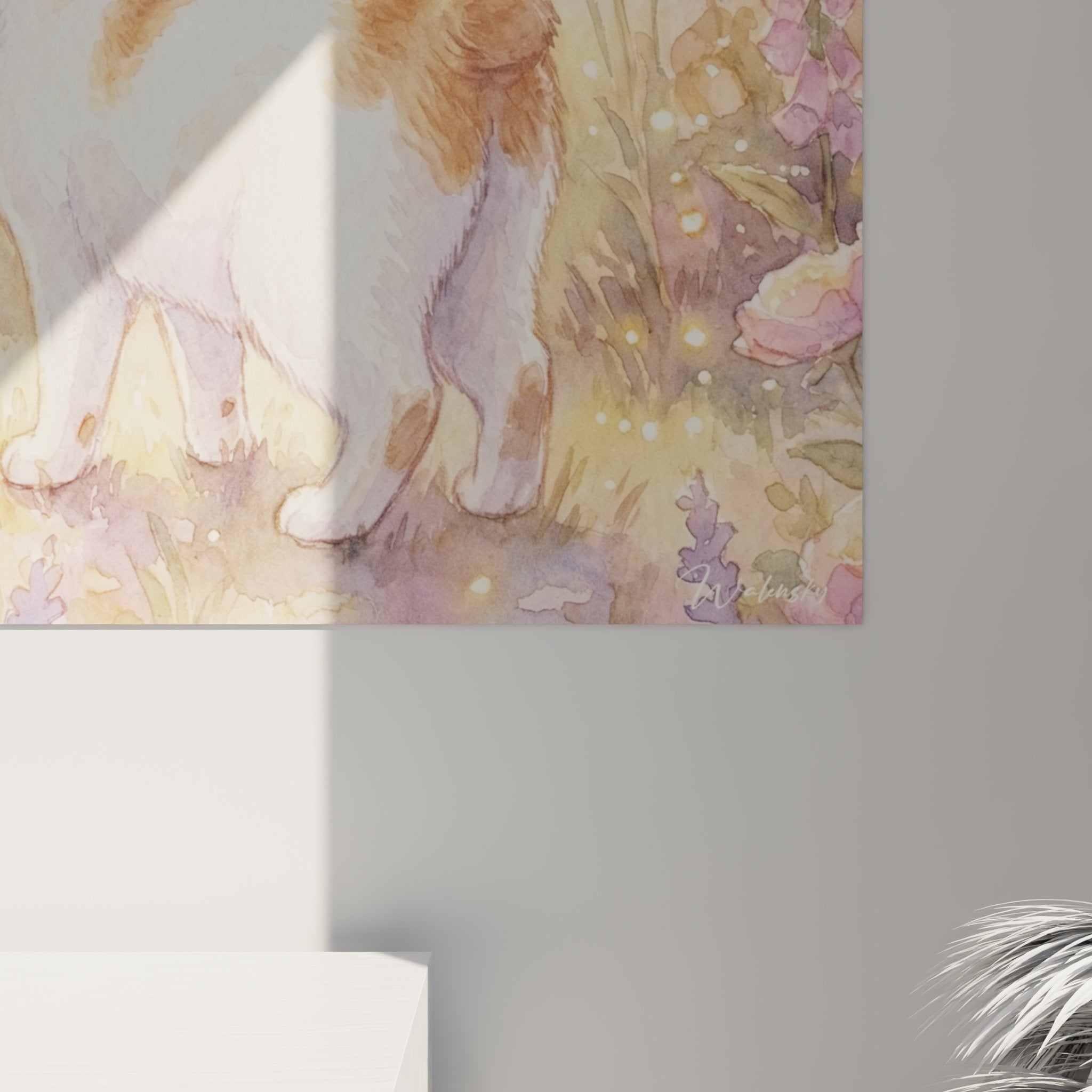 Vue d'ensemble tableau mural chat Manx dans jardin feerique, œuvre complete sur fond blanc studio