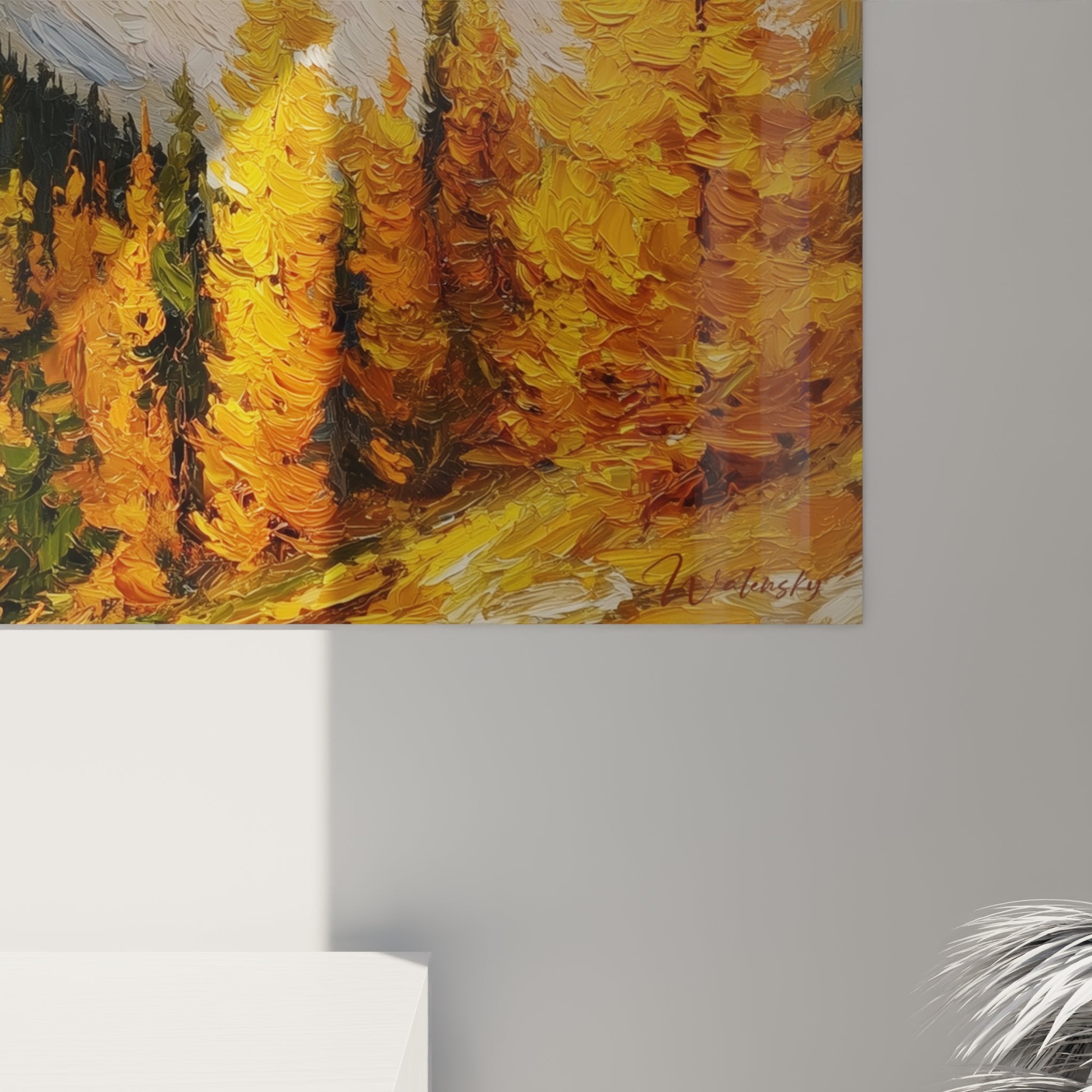 Full view of Dolomites autumn wall art in modern interior with mountain landscape decoration