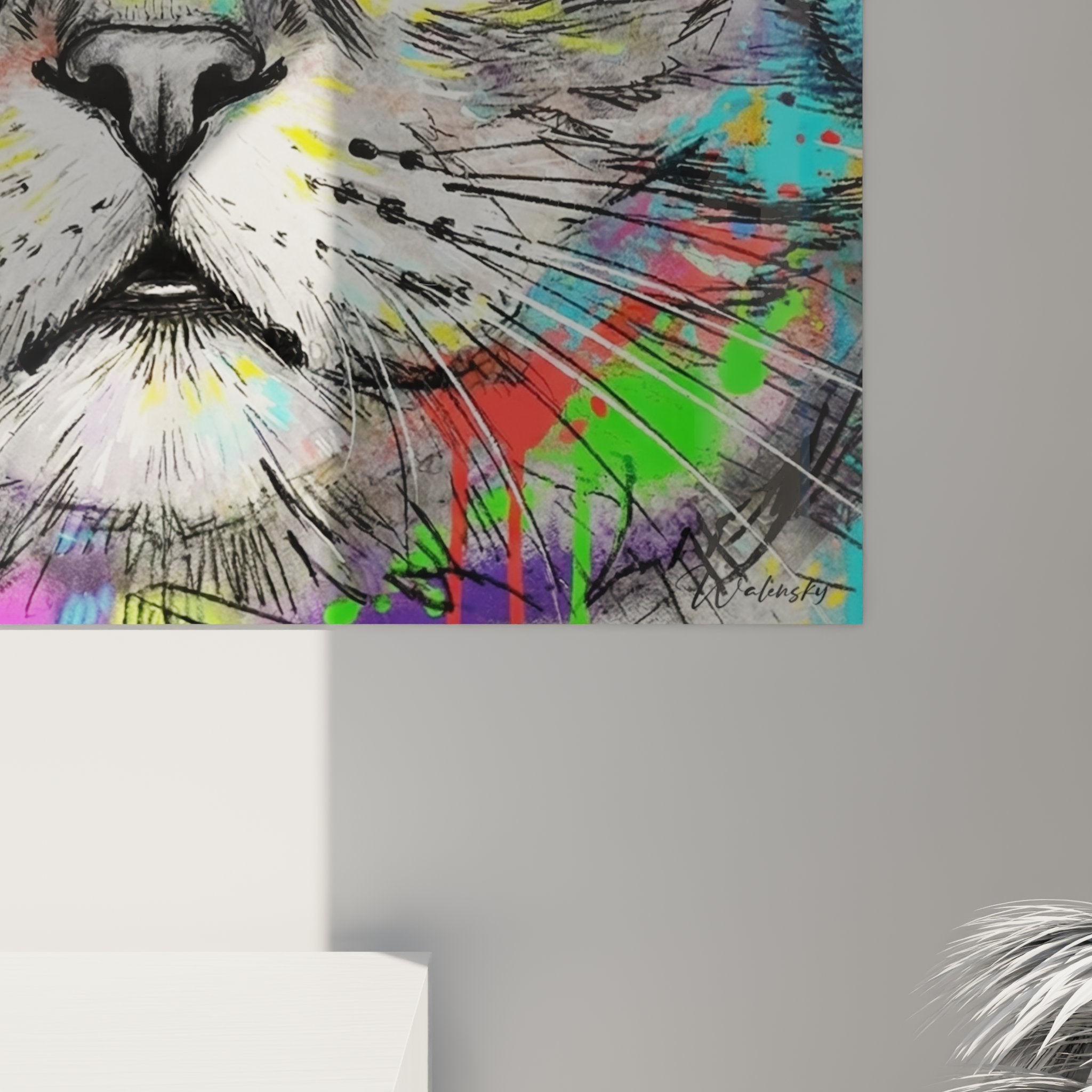 Overview of wall art cat street art with explosion of colors modern urban graffiti style