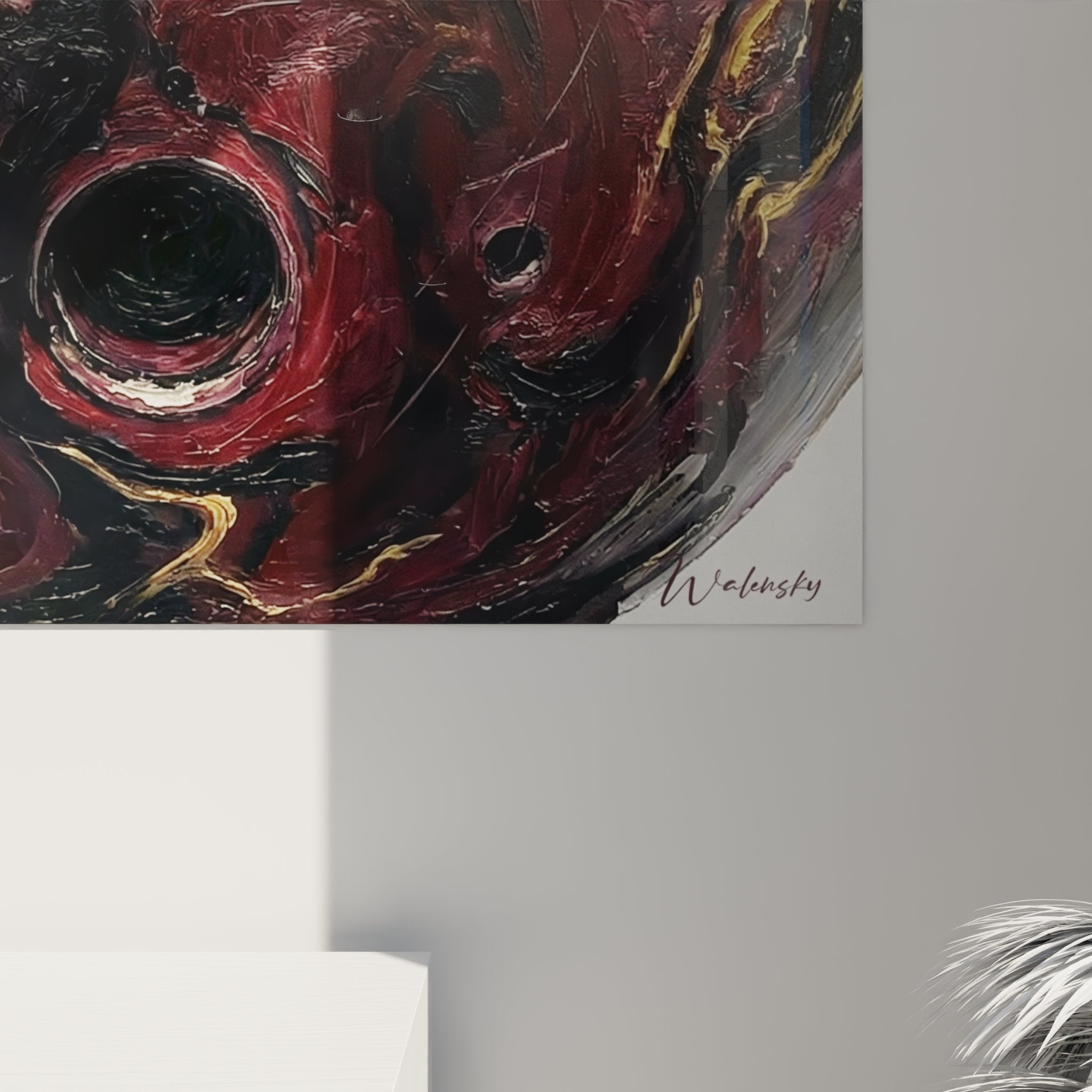 Overview of decorative bowling wall art - swirling red ball modern mural art