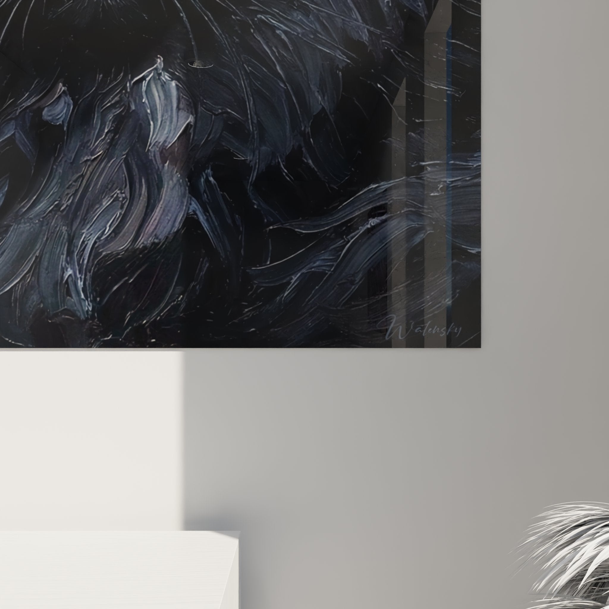 Vue d'ensemble tableau chat Persan noir sur mur, dimensions parfaites, décoration intérieure raffinée féline