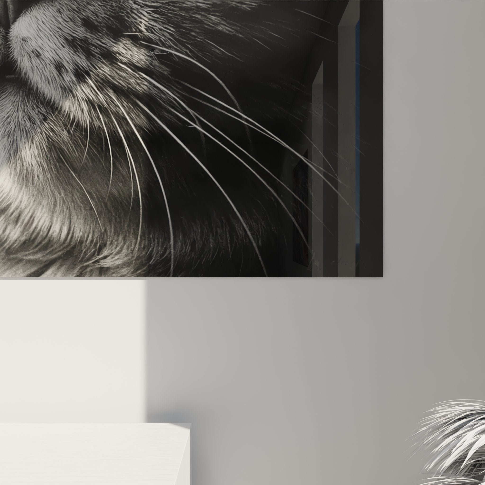 Overview of the Exotic Shorthair cat portrait artwork in a styled contemporary interior
