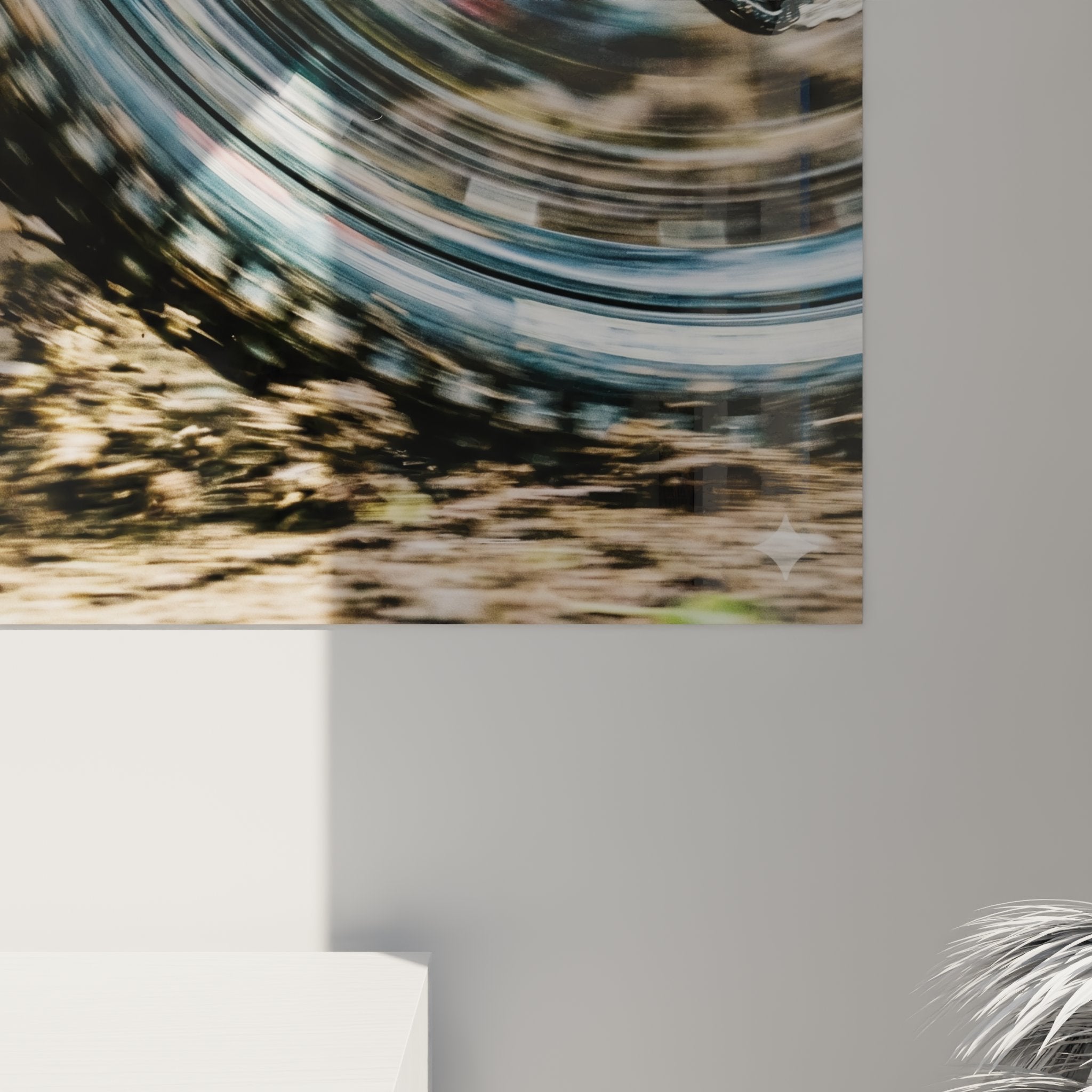 Vue ensemble tableau roue VTT mouvement decoration murale art cyclisme moderne