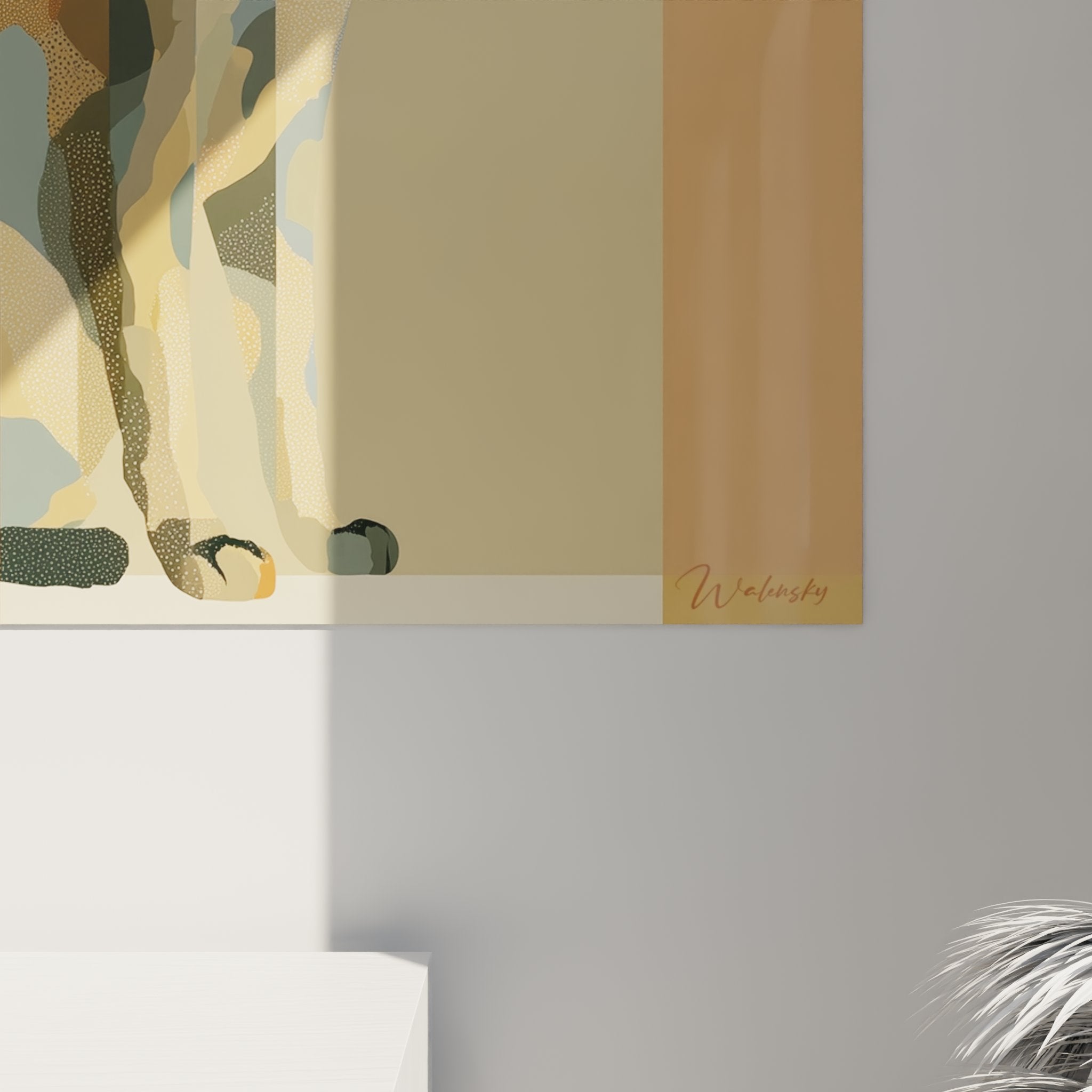 Panoramica del quadro gatto stilizzato in un interno moderno, arte murale decorativa contemporanea