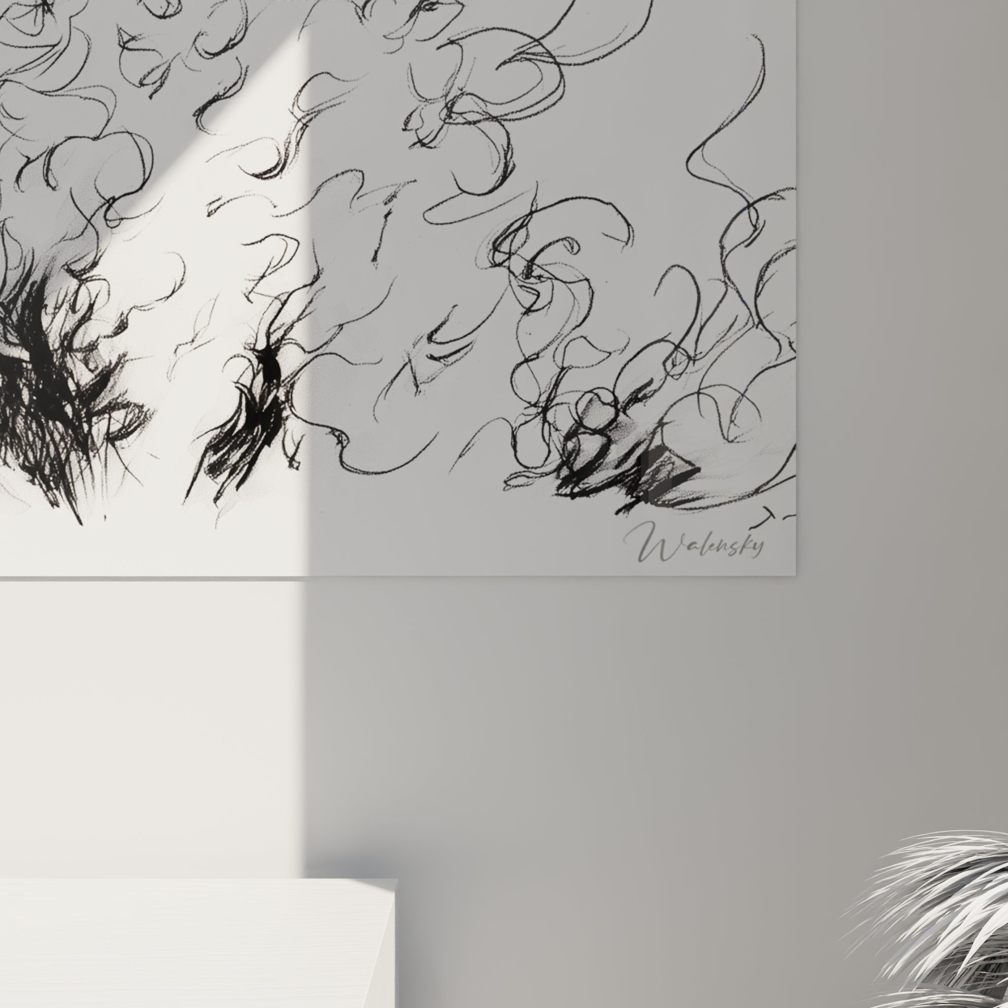 Vue ensemble tableau mural chat Selkirk Rex artistique esquisse noir blanc decoration interieure moderne