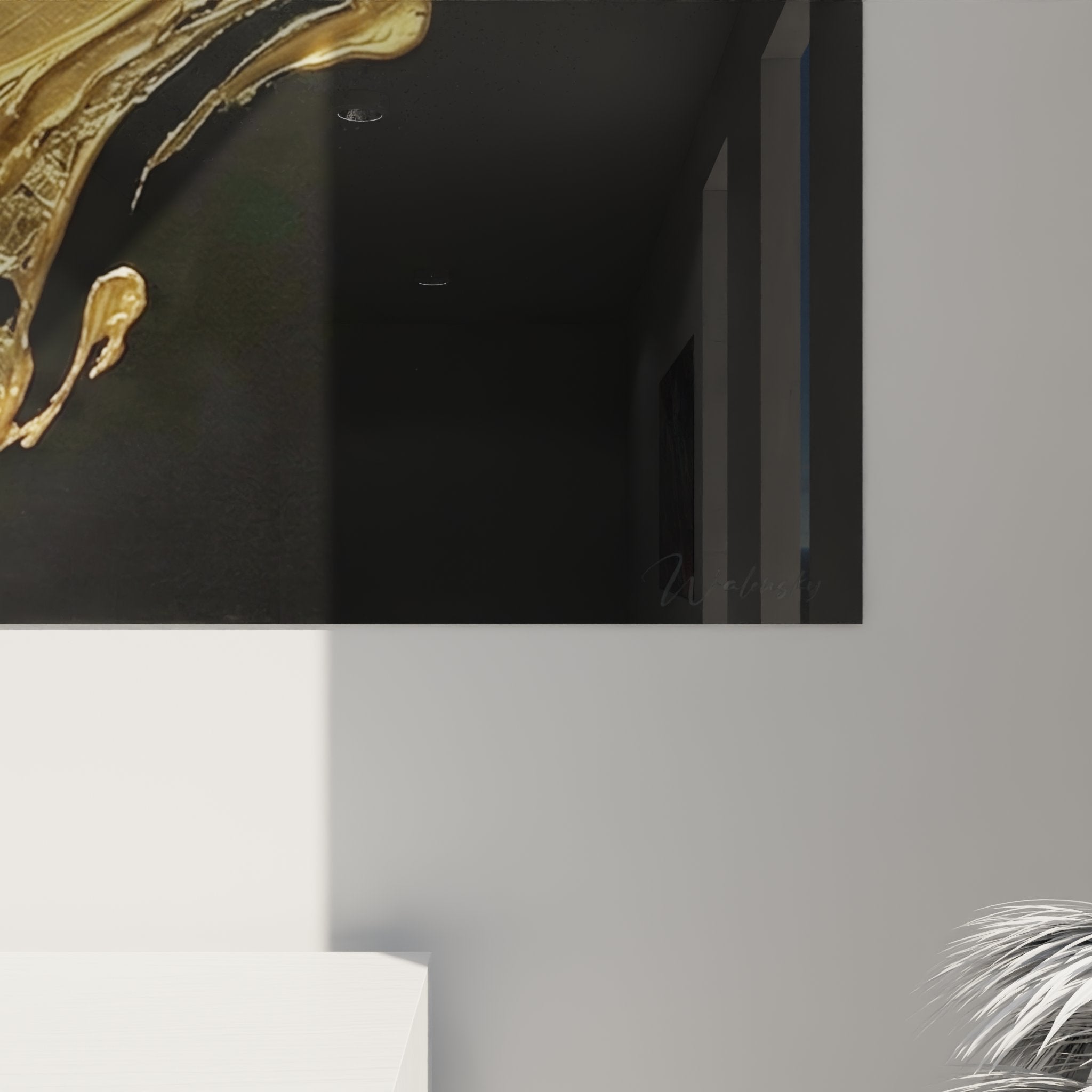 Overview of golden abstract wall art, golden fluid patterns on black modern bowling decoration