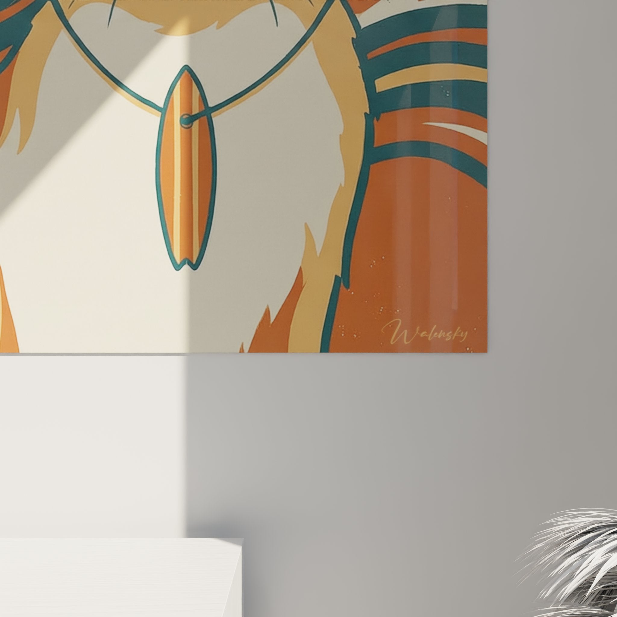 Vue d'ensemble tableau chat American Curl surfeur tropical palmiers soleil art mural vintage